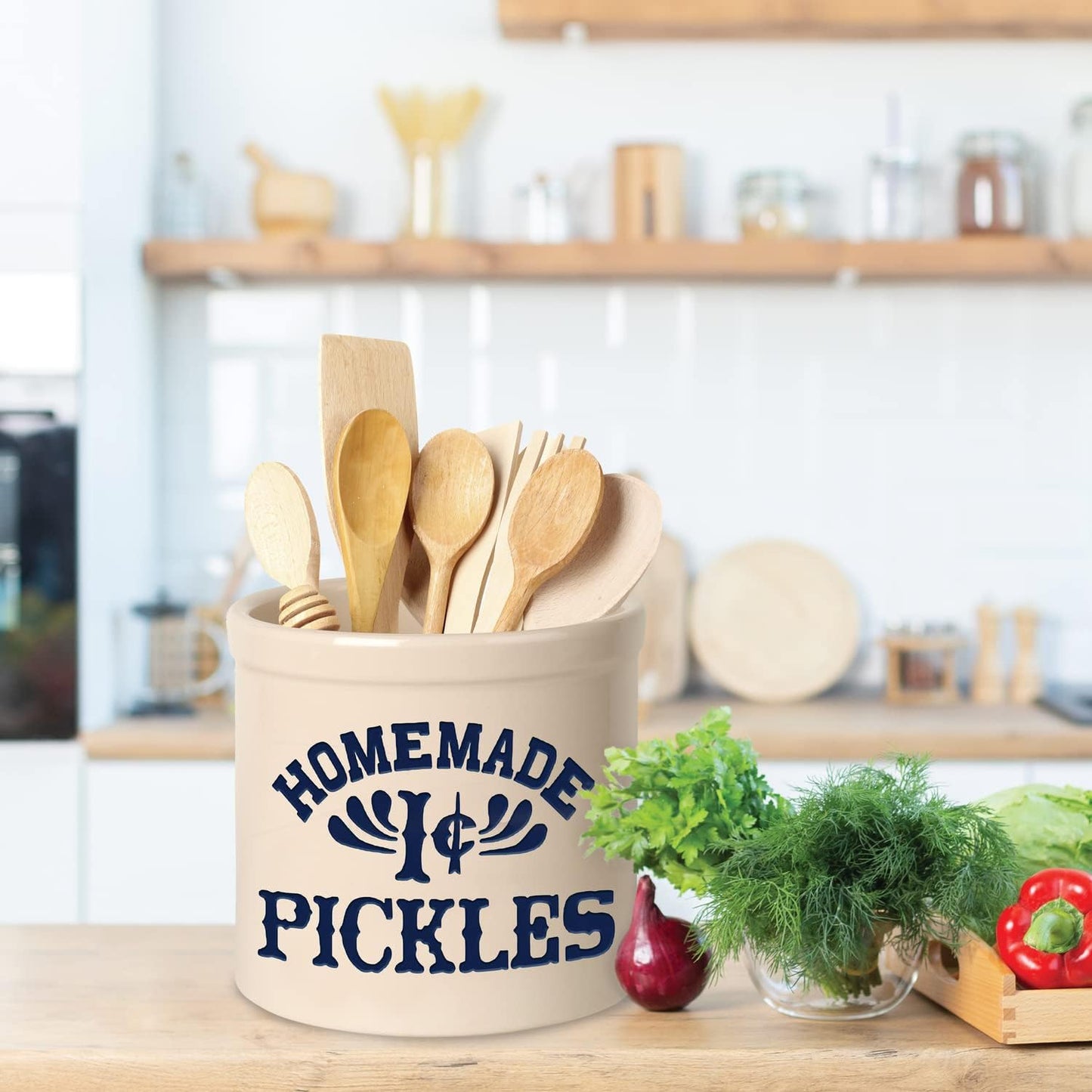 Clarus Crystal Pickles Jar as seen on the show Friends in Monica's kitchen 2 Gallon Crock Pot Utensil holder. 2 Gallon. 4 Colors Available