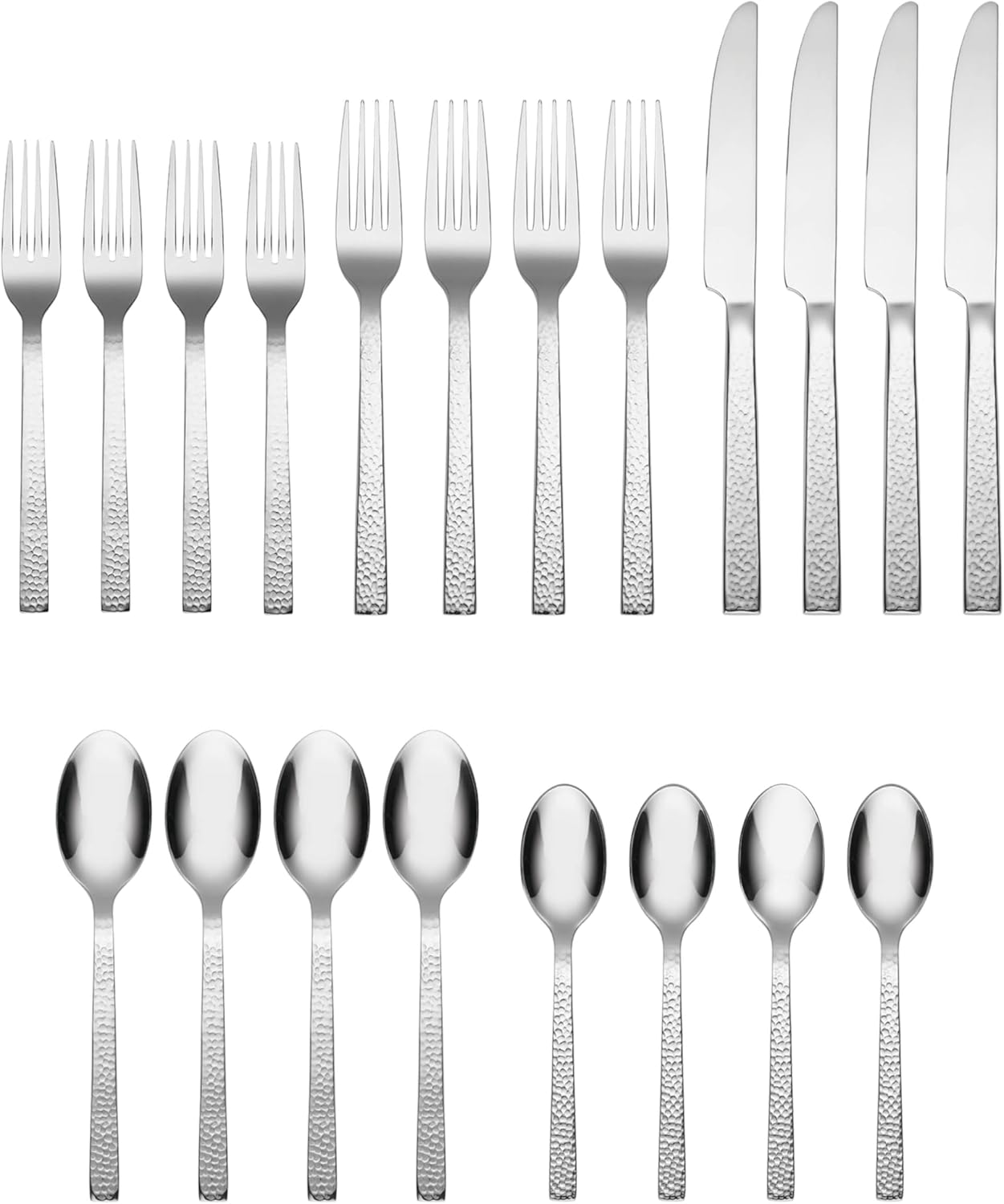 Oneida Chef's Table Hammered 20 Piece Everyday Flatware, Service for 4 18/0 Stainless Steel, Silverware Set (Pack of 2)