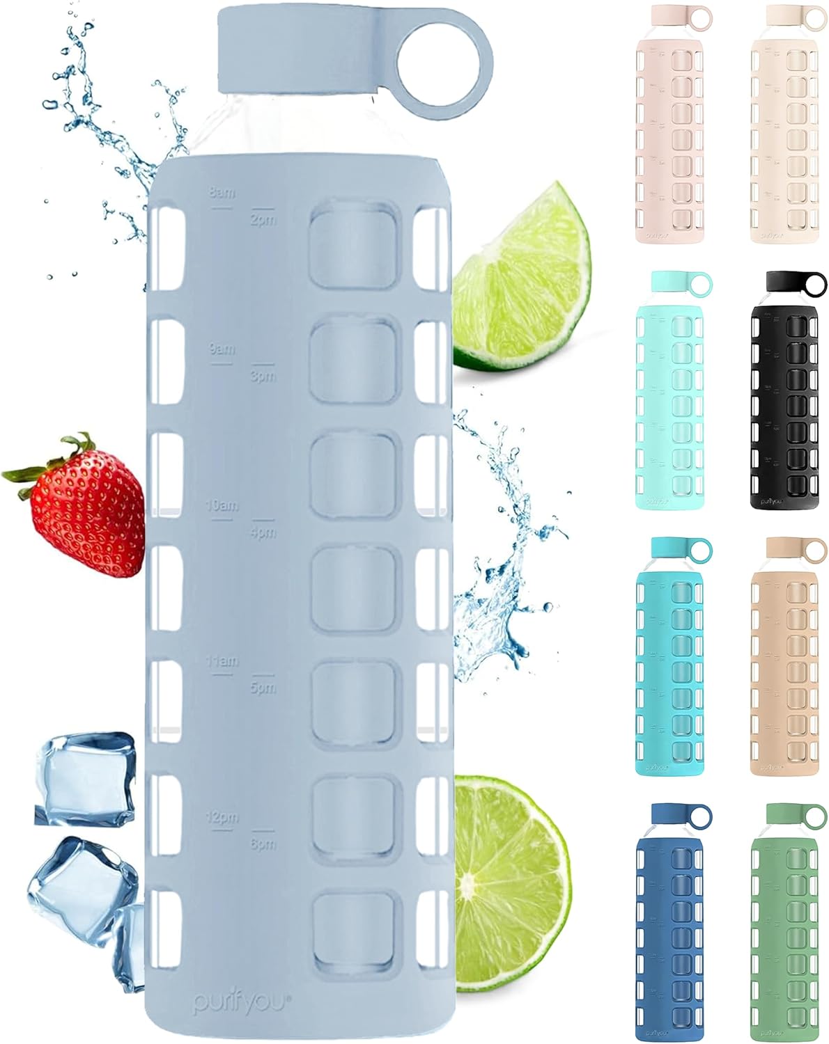 purifyou 40oz / 32oz / 22oz / 12oz Borosilicate Glass Water Bottle with Time & Volume Markers, Silicone Sleeve, Stainless Steel Lid – Reusable Glass Bottle for Water & Juice (32oz Ice Blue)