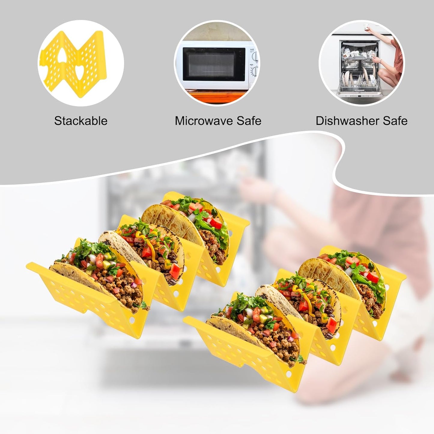 uxcell 8 Pcs Taco Holder Stand, Plastic Taco Plates Hold Up to 3 Tacos, Hollow Carved Taco Shell Holder, Dishwasher Microwave Safe, Yellow