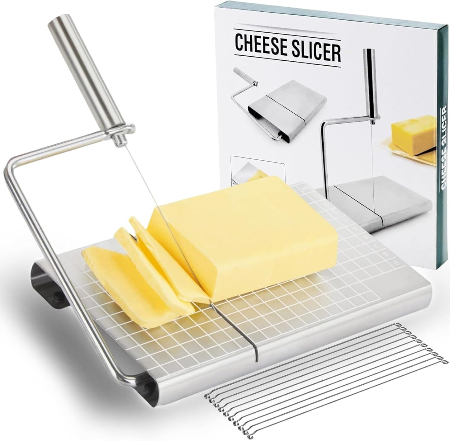 Cheese Slicer with Board for Block Cheese - Heavy Duty Adjustable Cheese Cutter Board with 11 Replacement Wires, Ergonomic Design Adjustable Stainless Steel Cheese Cutter with Precision Scale