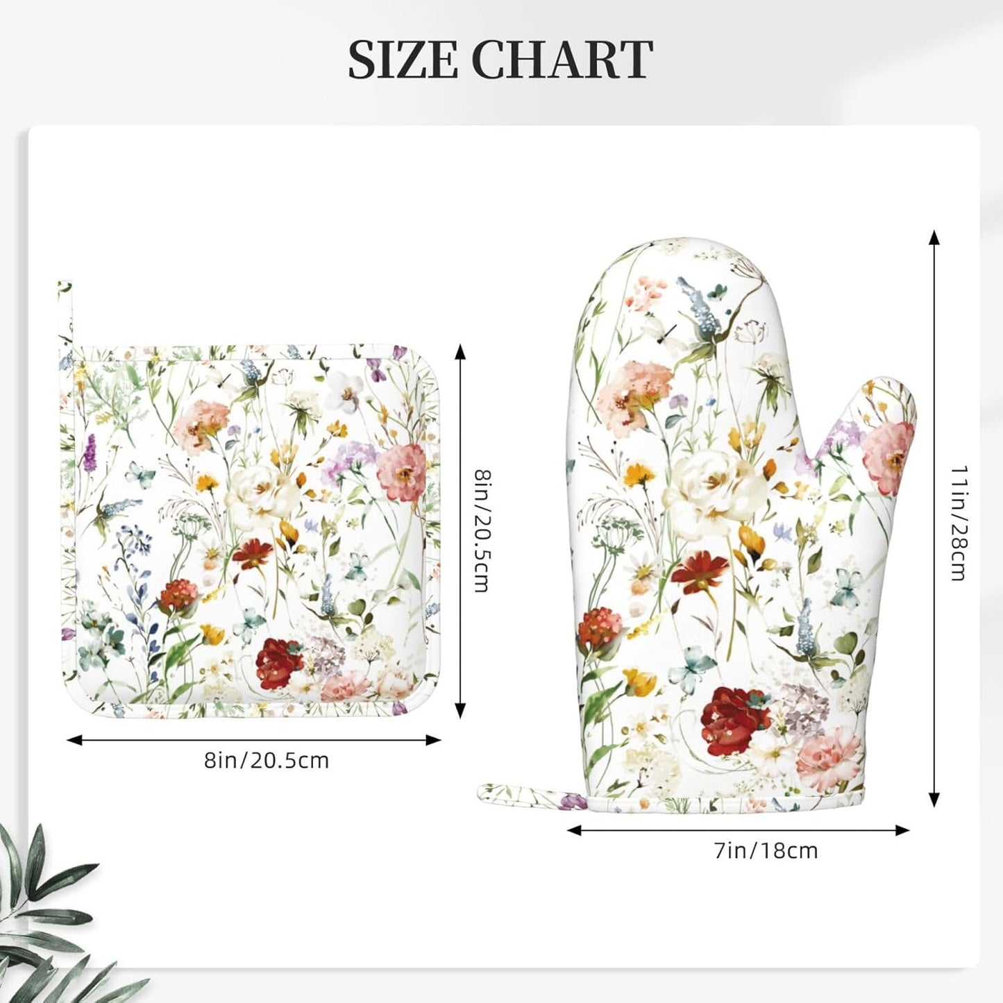 Wildflower Flower Oven Mitts and Pot Holders Set of 4 Silicone Boho Butterfly Hydrangea Kitchen Mitten Gloves and Watercolor Florals Potholders Set Oven Gloves Hot Holders for Kitchen