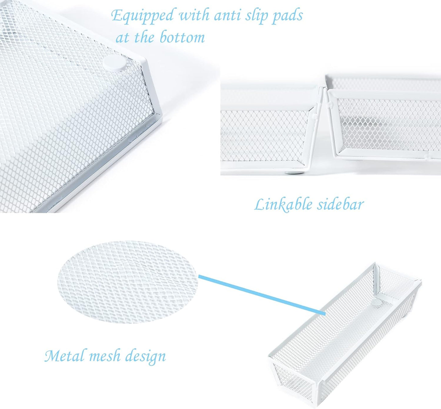 Mesh Tray Kitchen Drawer Utensil Cutlery Tray Office Supplies with Inter-locking Arm Drawer Dividers Organizer for Silverware, Flatware, Home,Office, School,Bedroom(9＂X3＂6pack) White