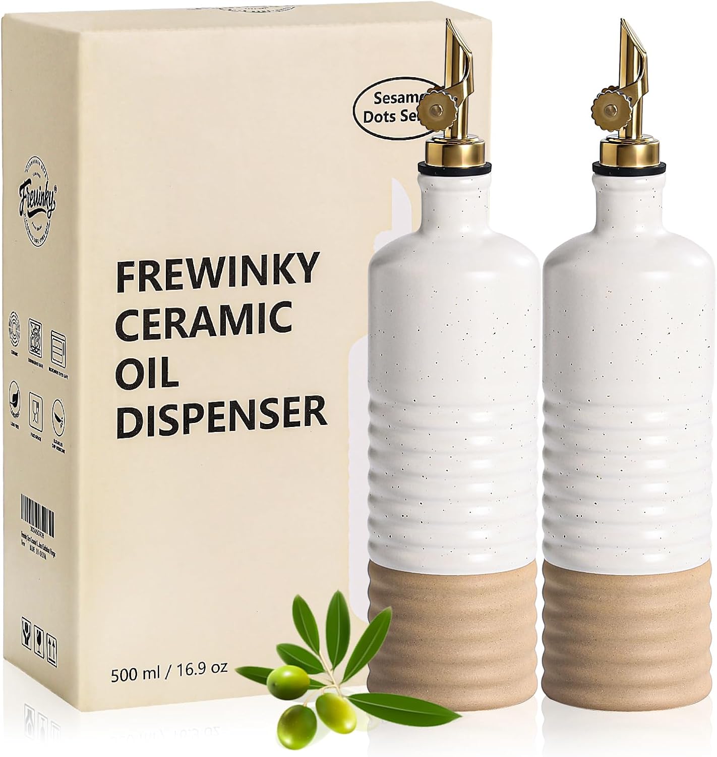Frewinky 16.9oz Olive Oil Dispenser Bottle with Funnel, Ceramic Oil Dispenser for Kitchen, White Cooking Oil Dispenser for Storage Oil, Vinegar, Syrups & Other Liquids, Set of 2