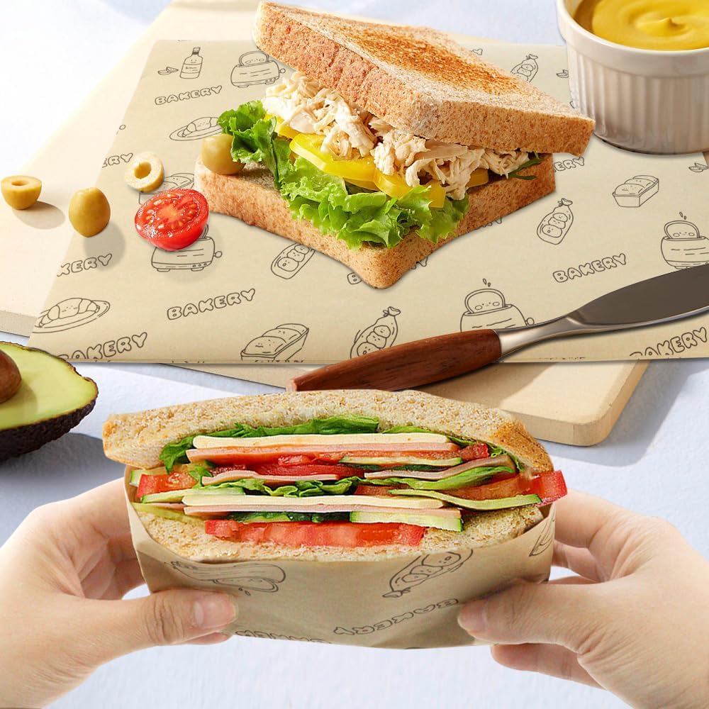50 Pcs Sandwich Wrapping Paper Deli Wraps, Waterproof Oil-proof Picnic Basket Liners Precut Non-Stick Parchment Paper Baking Sheets for Baking, Cooking, Grilling, Air Fryer and Steaming
