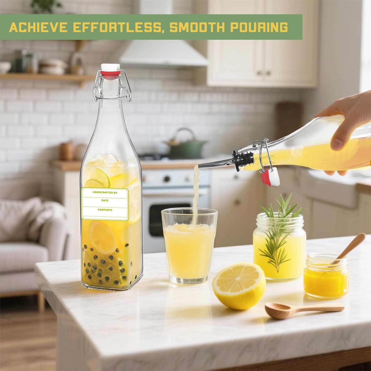 6 Pack [1 Liter / 33 fl. oz.] Square Swing Top Glass Bottles–Airtight Flip Top Brewing Bottles for Kombucha, Beer, Wine, Kefir, Soda, Liquor–Includes Funnel, 2 Pourers, 6 Seals, 8 Labels & Jute Twine