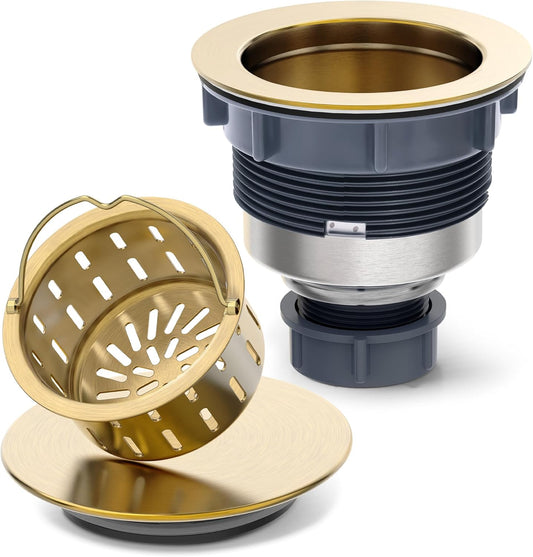 BOTEMY Stainless Steel Gold Sink Drain Strainer 3-1/2'' Kitchen Sink Drain Assembly Kit with Removable Deep Sink Strainer Basket and Sink Stopper Flat Cover Replacement for Home Standard Kitchen Sinks