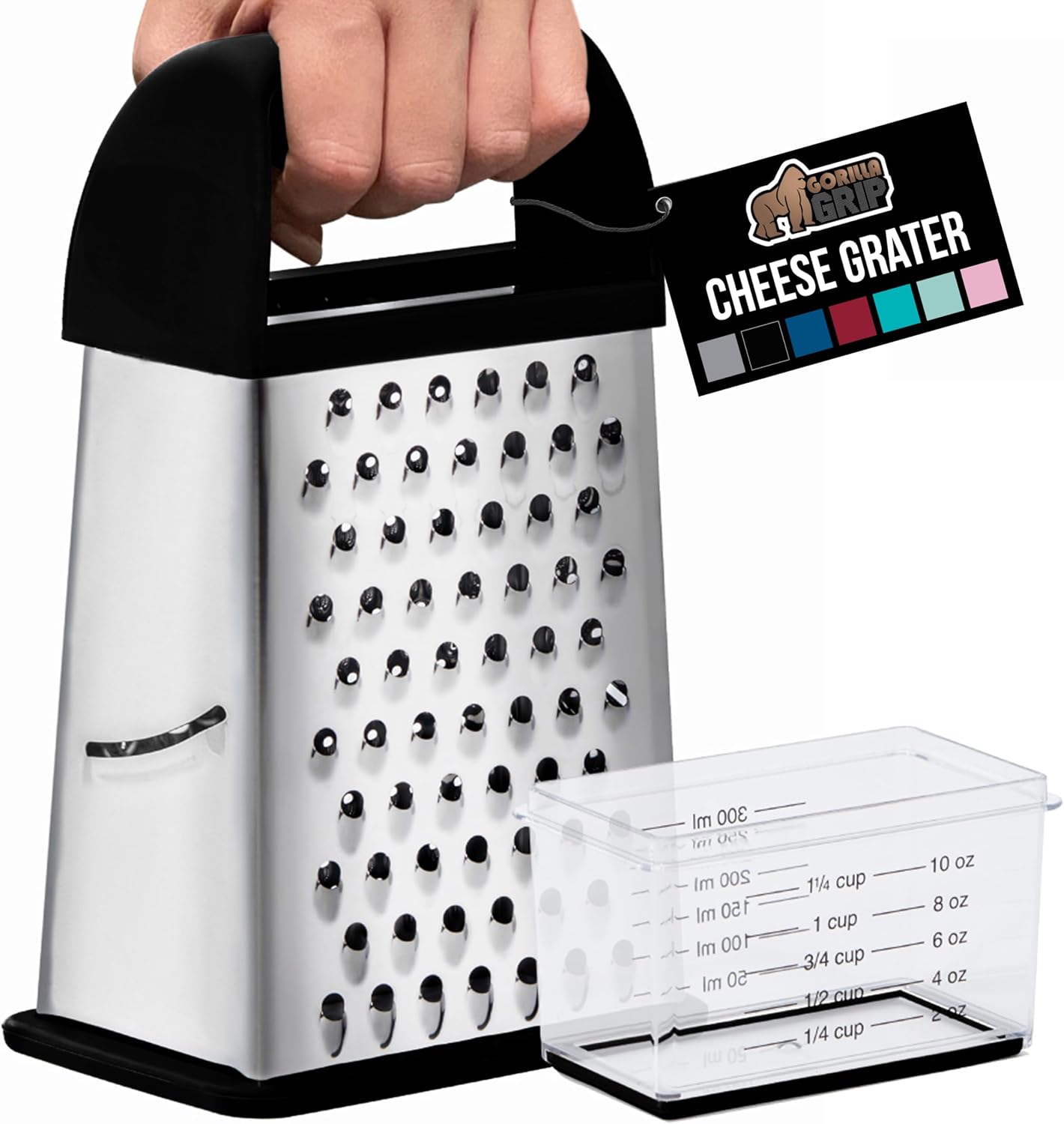 GORILLA GRIP XL 4-Sided Cheese Grater With Container, 100% BPA-Free Stainless Steel Box Graters, Parmesan Shredder, Grate Cheeses, Shred Veggies, Slip Resistant Handle, Dishwasher Safe Zester, Black