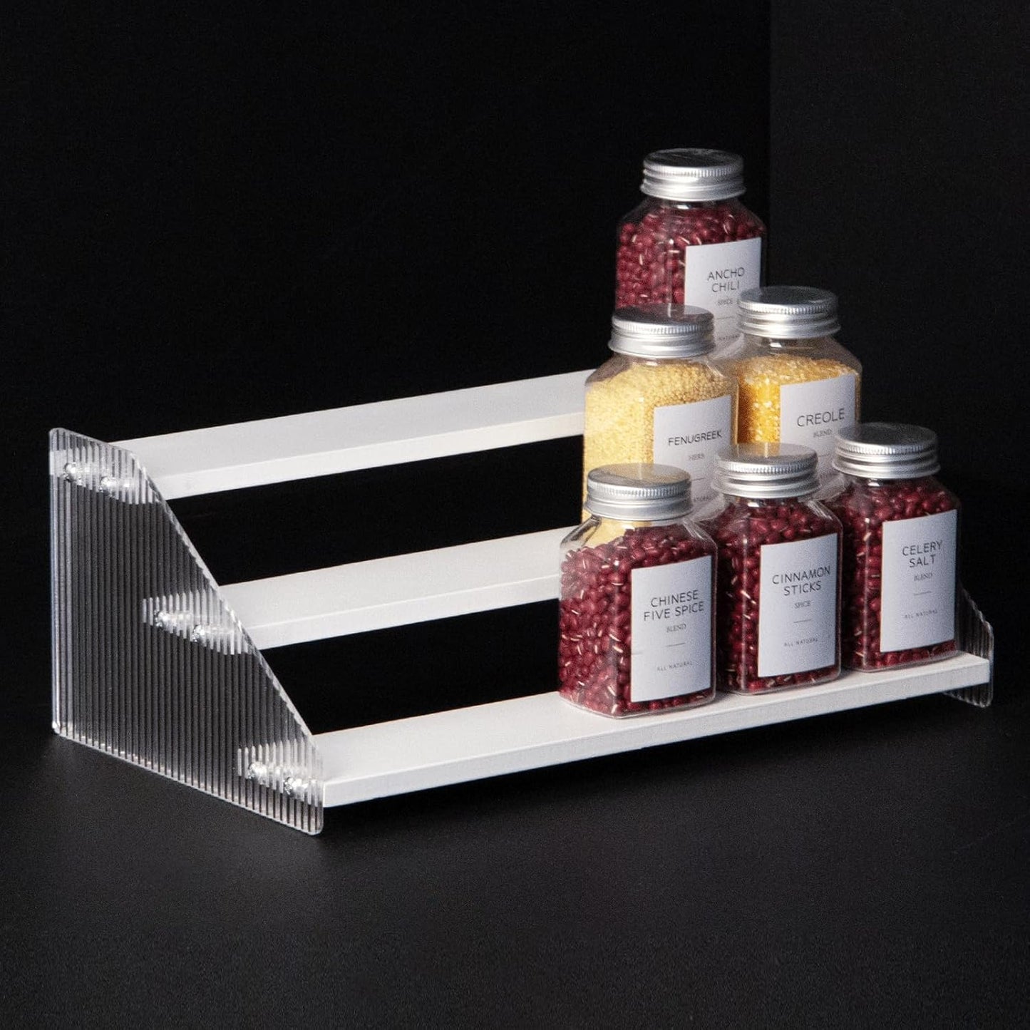 nianfeng Tiered Spice Rack, 3-Tier Spice Pantry Kitchen Cabinet Organizer, 12-Inch, Natural Wood Acrylic Stair Riser Stand, Countertop Seasoning Shelf (White)