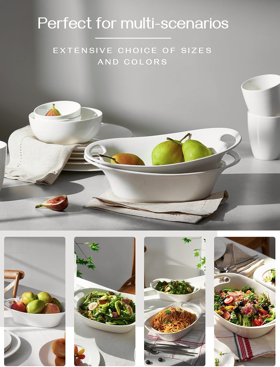 DOWAN Large Serving Bowls with Handles, 60 OZ Oval Serving Platter for Turkey, Fruit Salad Serving Dishes for Entertaining, Porcelain Pasta Bowls for Mother's Day, Parties, Set of 2, Soft White