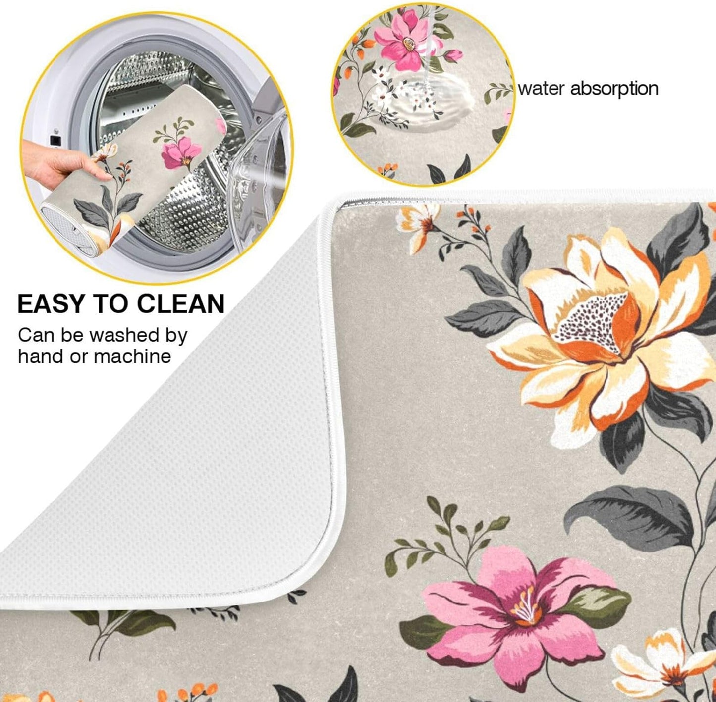 Vintage Flowers Leaves Dish Drying Mat for Kitchen Counter Absorbent Microfiber Drying Pad, Medium 16x18 in, Reversible Drainer Mats