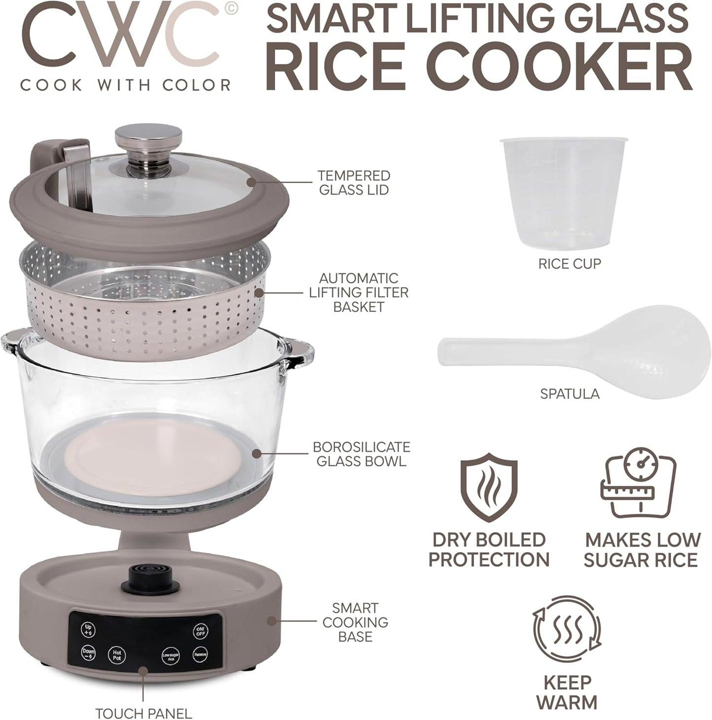 COOK WITH COLOR 3L Glass Low Carb Rice Cooker - Makes 6 Cups Low Sugar Rice with Auto Lift Filter Basket, Hotpot & Steamer for Rice, Grains and Oats, Digital Panel with Keep Warm Function, Greige