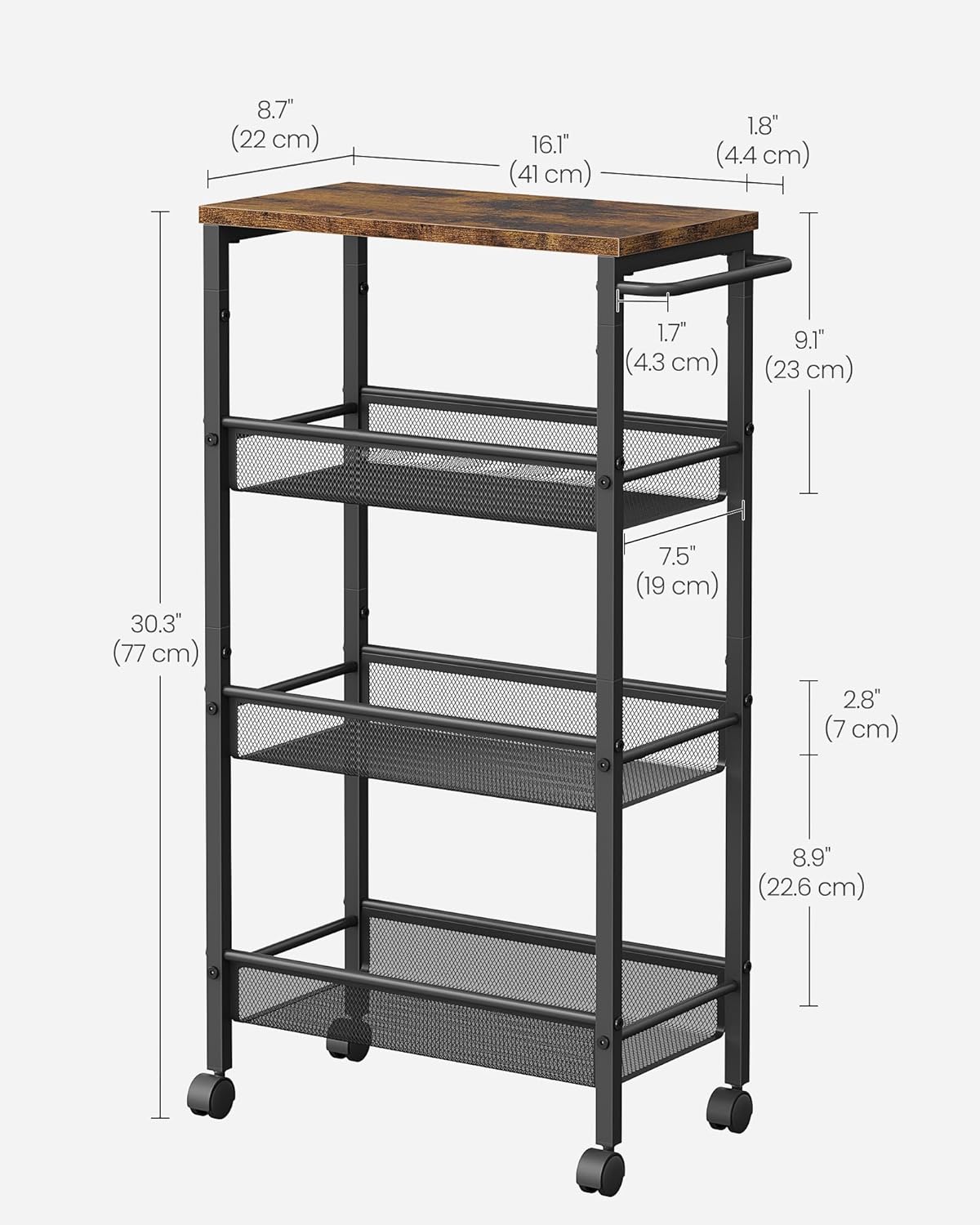 VASAGLE Slim Rolling Cart, 4-Tier Storage Cart, Narrow Cart with Handle, 8.7 Inches Deep, Metal Frame, for Kitchen, Dining Room, Living Room, Home Office, Rustic Brown and Classic Black ULRC033B01