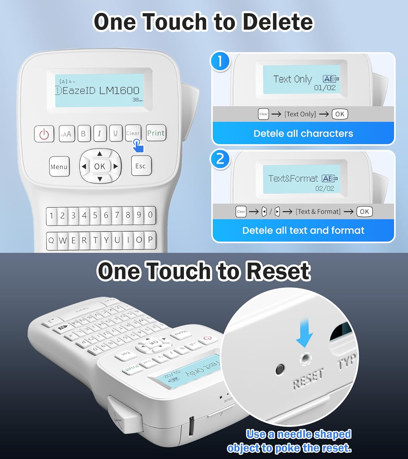 Portable Label Maker Machine with Tapes LM1600, Label Maker with QWERTY Keyboard, Rechargeable Handheld Labeler with Backlighting LCD Screen for Office School Use