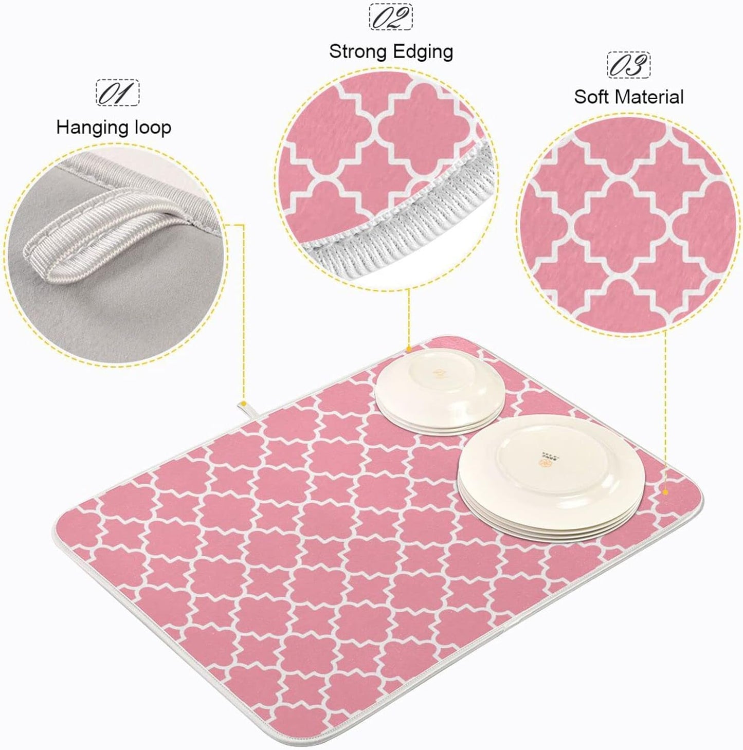 senya Super Absorbent Dish Drying Mat, Microfiber Fast-Drying Dish Mat, 16''x18'', Kitchen Dish Drying Pad, Pink Moroccan