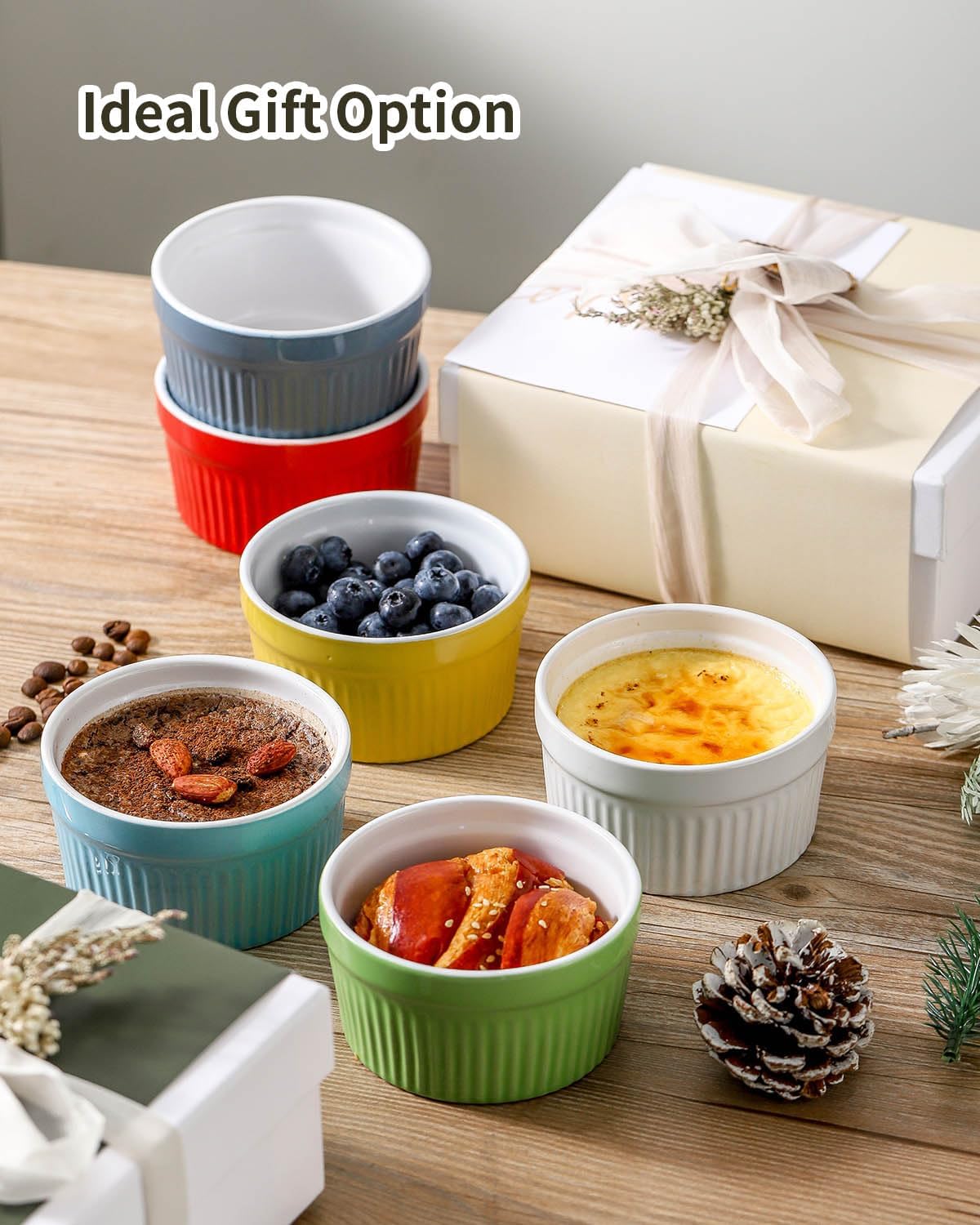 Hasense Ramekins Oven Safe, 8 oz Ramekins for Baking Souffle Set of 6, Ceramic Dipping Sauce Cups for Pudding, Ice Cream, Custard, Dessert Bowls Porcelain, Dishwasher Safe, Multi color