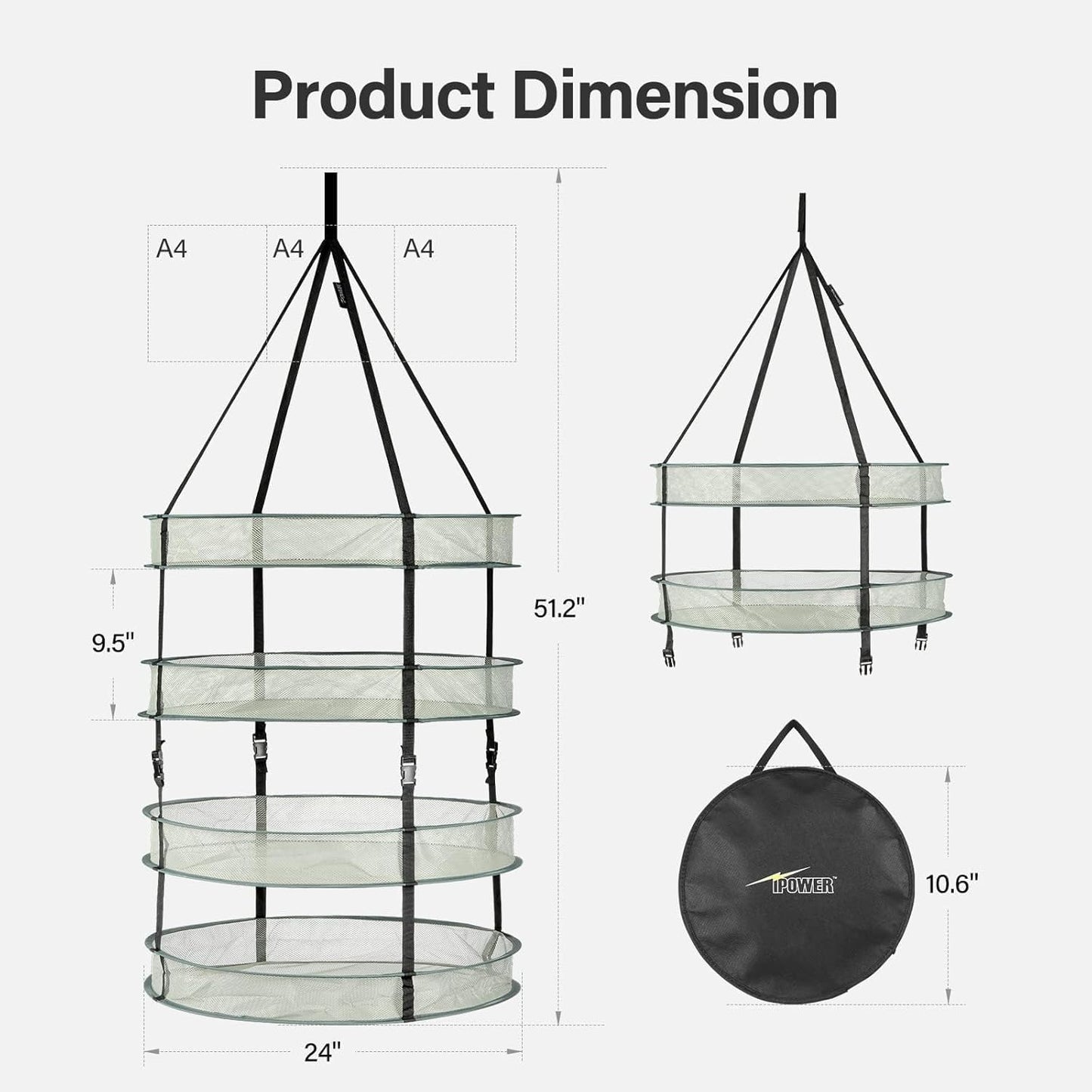 Simple Deluxe 4 Layer 24'' Herb Drying Rack with Hook, Detachable Design Hanging Dry Mesh Folding Basket Dryer for Clothes, Herbs