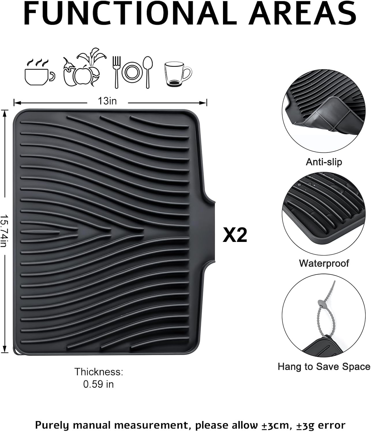 Dish Drying Mat, Stone Drying Mat for Kitchen Counter with Built-in Drain, Non-Slip Drying Matt Kitchen Counter, Heat Resistant Silicone Drying Mat, 2 Pcs(15.8"X 13", Black)