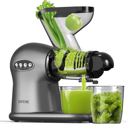 SiFENE Cold Press Juicer, 3” Wide Dual Chute Whole Slow Masticating Juicer Machine with Anti Clog Function for Celery Wheatgrass, Fruit and Vegetable Juice Extractor, Non-BPA, Easy to Clean