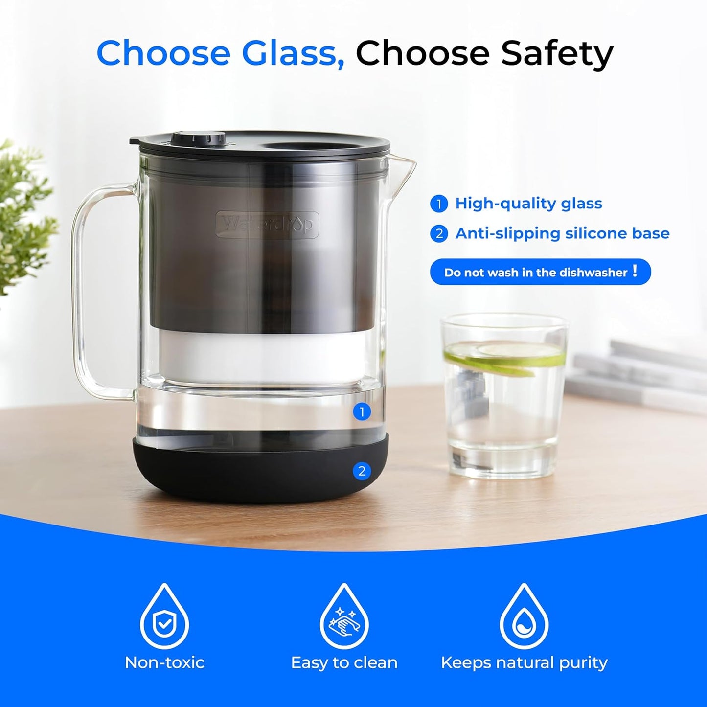 Waterdrop Glass Water Filter Pitcher with 1 Filter, Eco-Friendly, with NSF 53&42&372 Certified Filter, 7-Cup, Reduces PFOA/PFOS, Chlorine, Cadmium, Copper, Mercury, BPA Free, Easy to Clean, Black