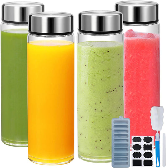 16oz Juice Bottles with Lids,4 Pack Wide Mouth Glass Bottles with Stainless Steel Cap,Reusable Glass Water Bottles for Juicing, Smoothies, Infused Water,Beverage Storage,BPA Free,Leakproof