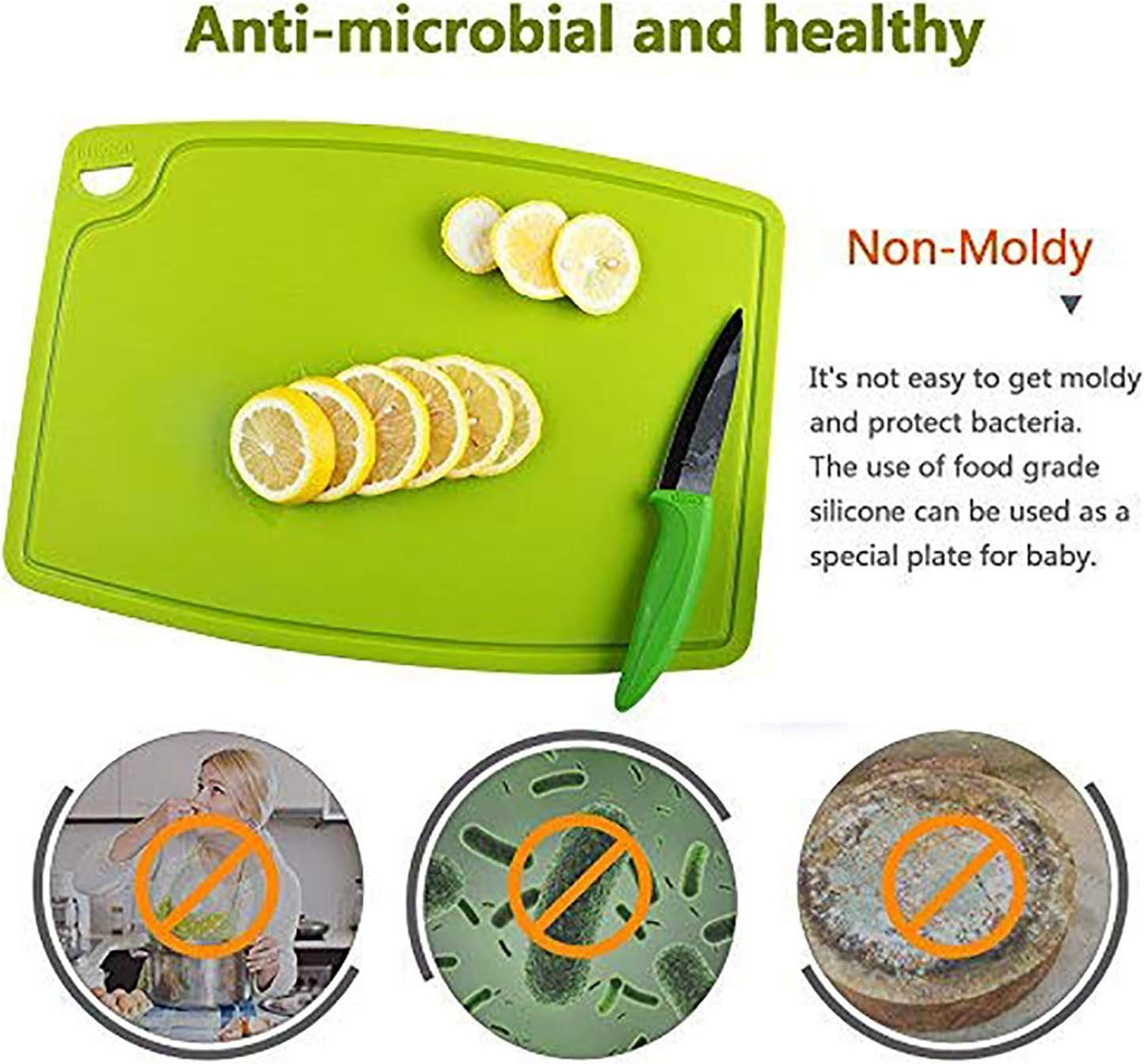 Thick Silicone Cutting Board 12.6'' x 9.1'' Juice Grooves Easy Grip Handle Dishwasher Safe-Green