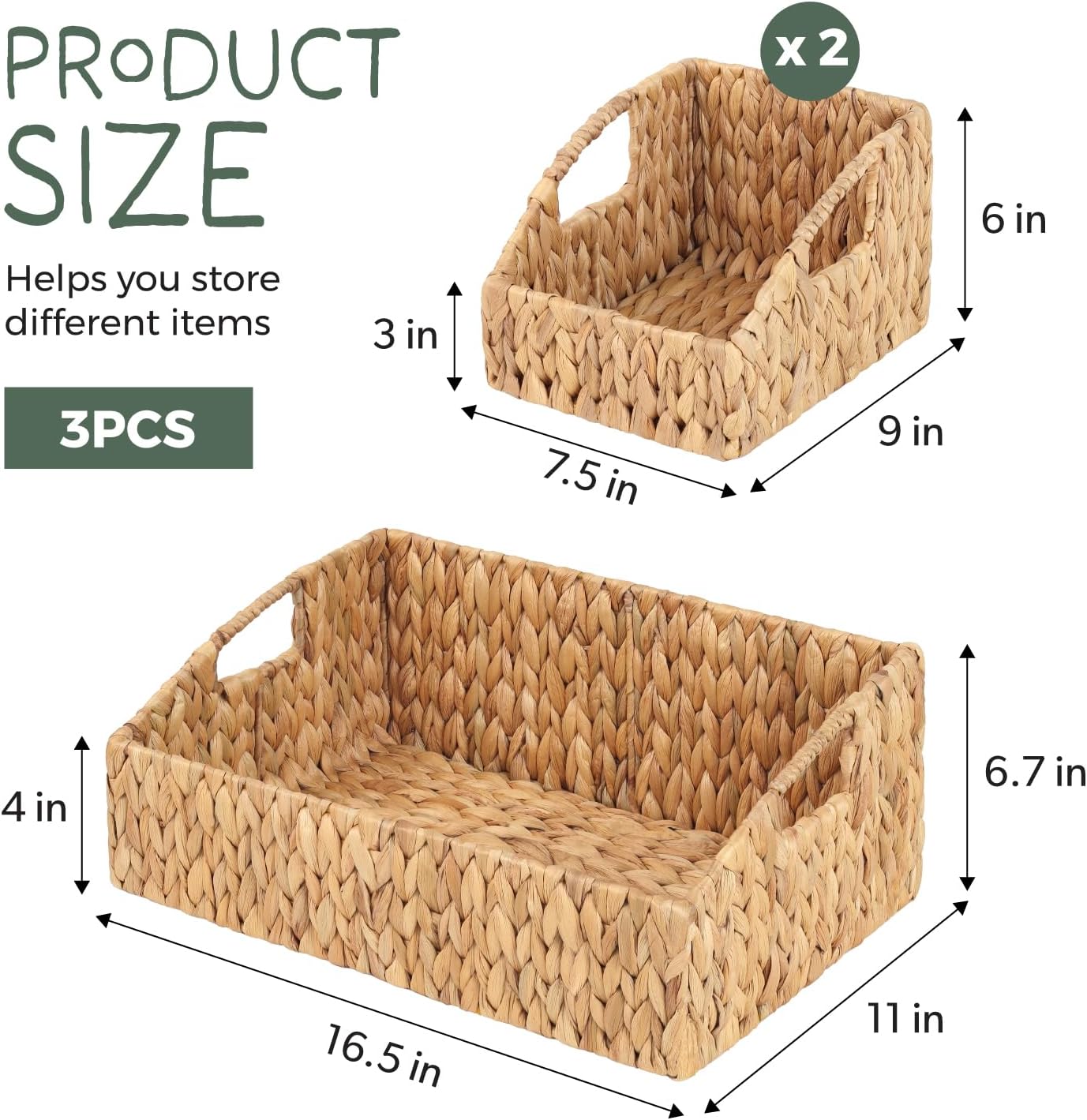 Set of 3 Handwoven Water Hyacinth Storage Baskets – Decorative Natural Wicker Organizer Bins with Built-in Handles for Bathroom, Kitchen, Pantry, Nursery, Closet, Laundry, Living Room, and Home Use