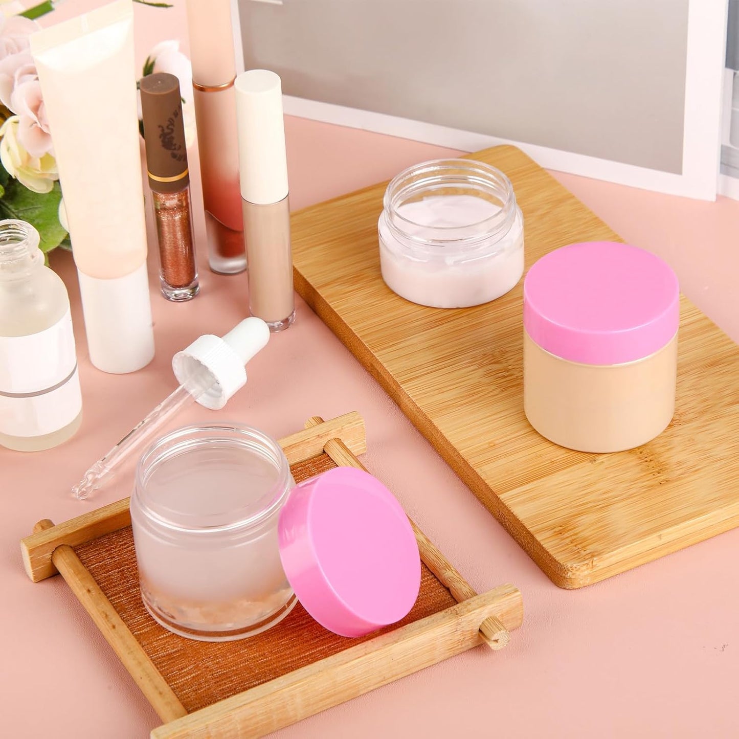 SATINIOR 6 Pack 2 oz Plastic Jars Containers with Lids Wide-mouth Refillable Leakproof Reusable Round Empty Jars for Travel Cosmetic Dry Food Spice Candy Cookie Home Kitchen Organizing(Pink)