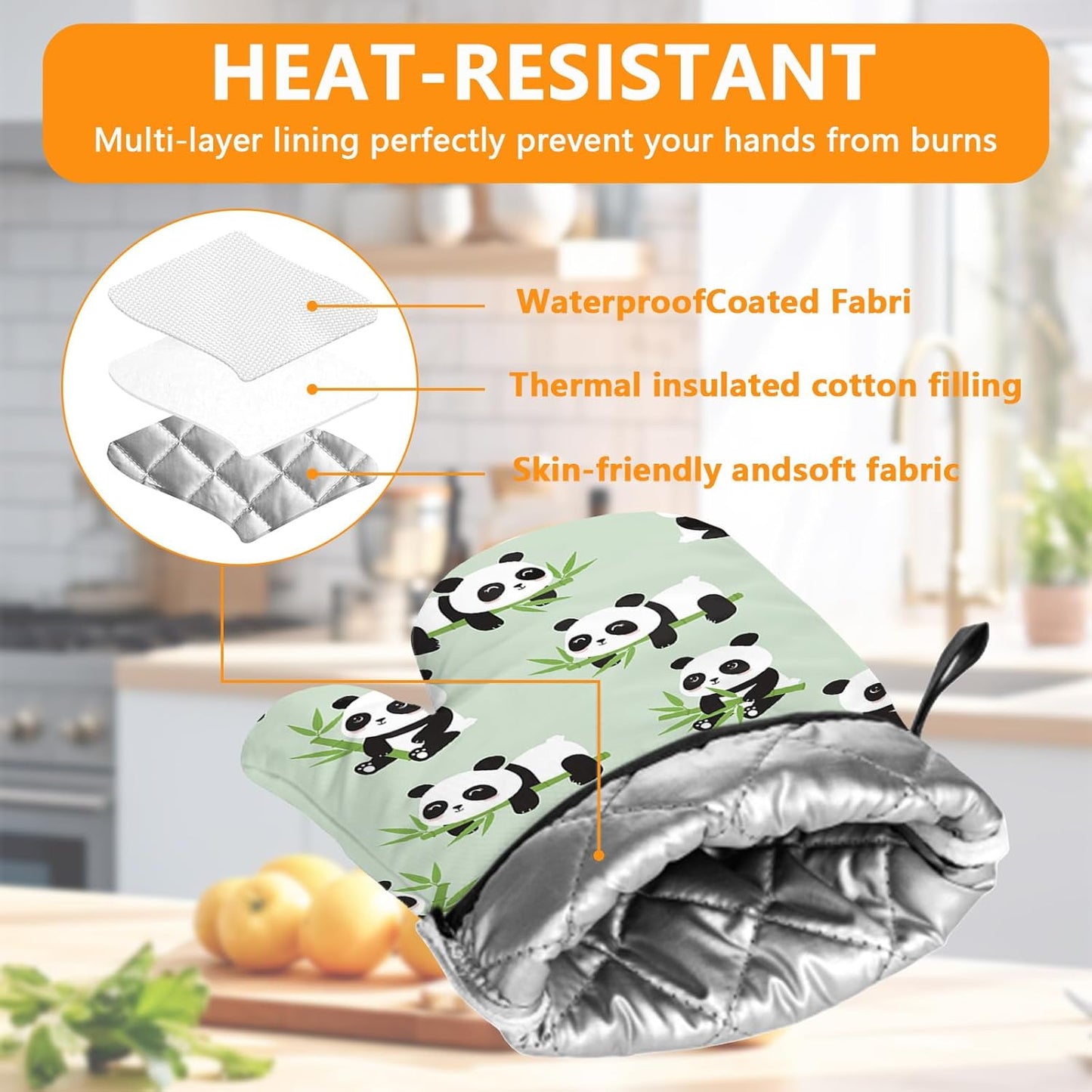 Cute Panda Oven Mitts and Pot Holders Sets 4Pcs,Extra Long Oven Gloves Potholder for Kitchen Cooking Baking BBQ 100% Cotton Heat Resistant