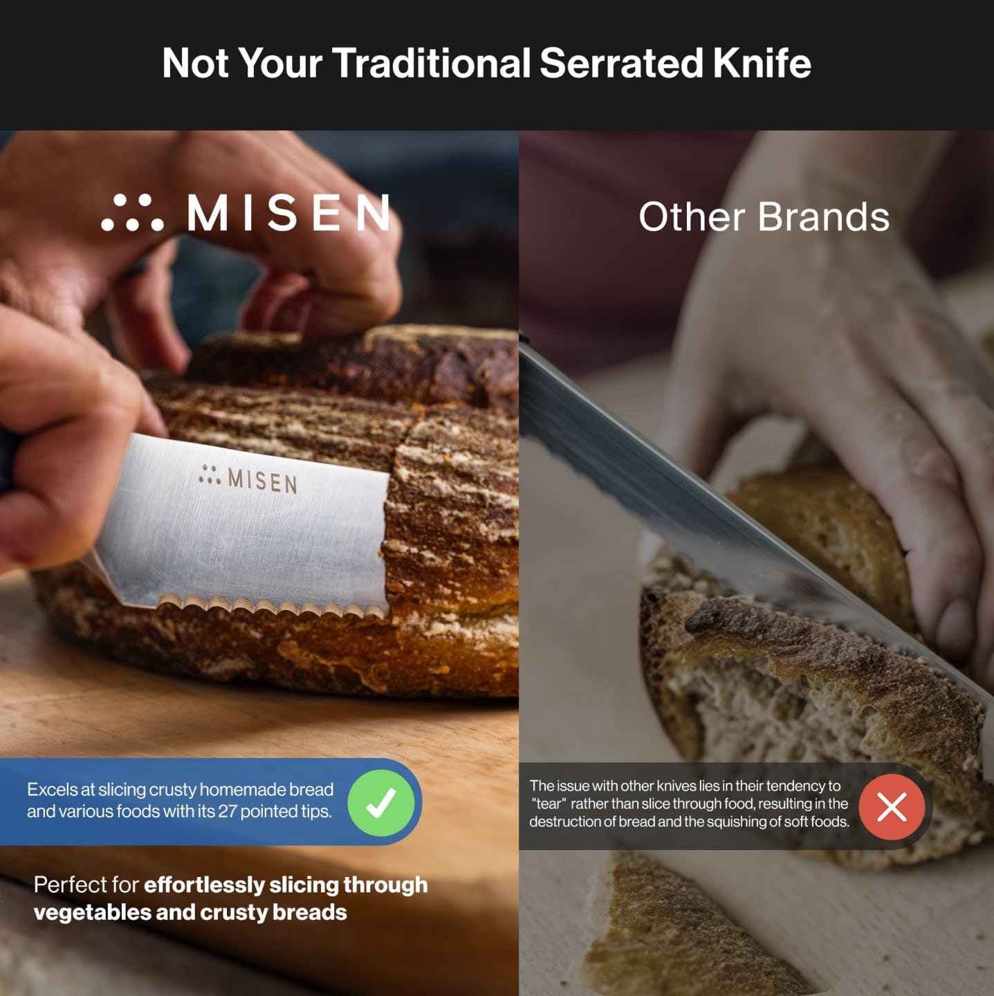 Misen Serrated Bread Knife – High-Carbon Japanese AUS8 Steel – Effortless Slicing of Bread, Pastries, and Fruits – Razor-Sharp Edge and Durable Blade with Ergonomic Handle - 8", Black