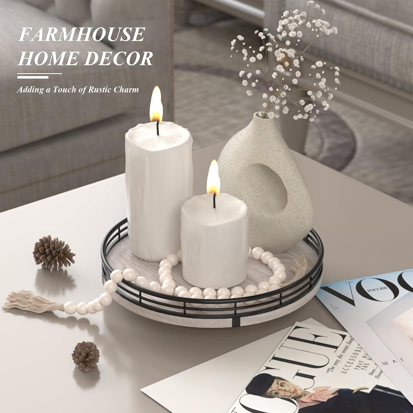 9" Wooden Lazy Susan Organizer for Cabinet, Turntable Round Decorative Tray for Kitchen Sink, Countertop Organizer, Bathroom Counter Organizer for Skincare Makeup, Rustic White