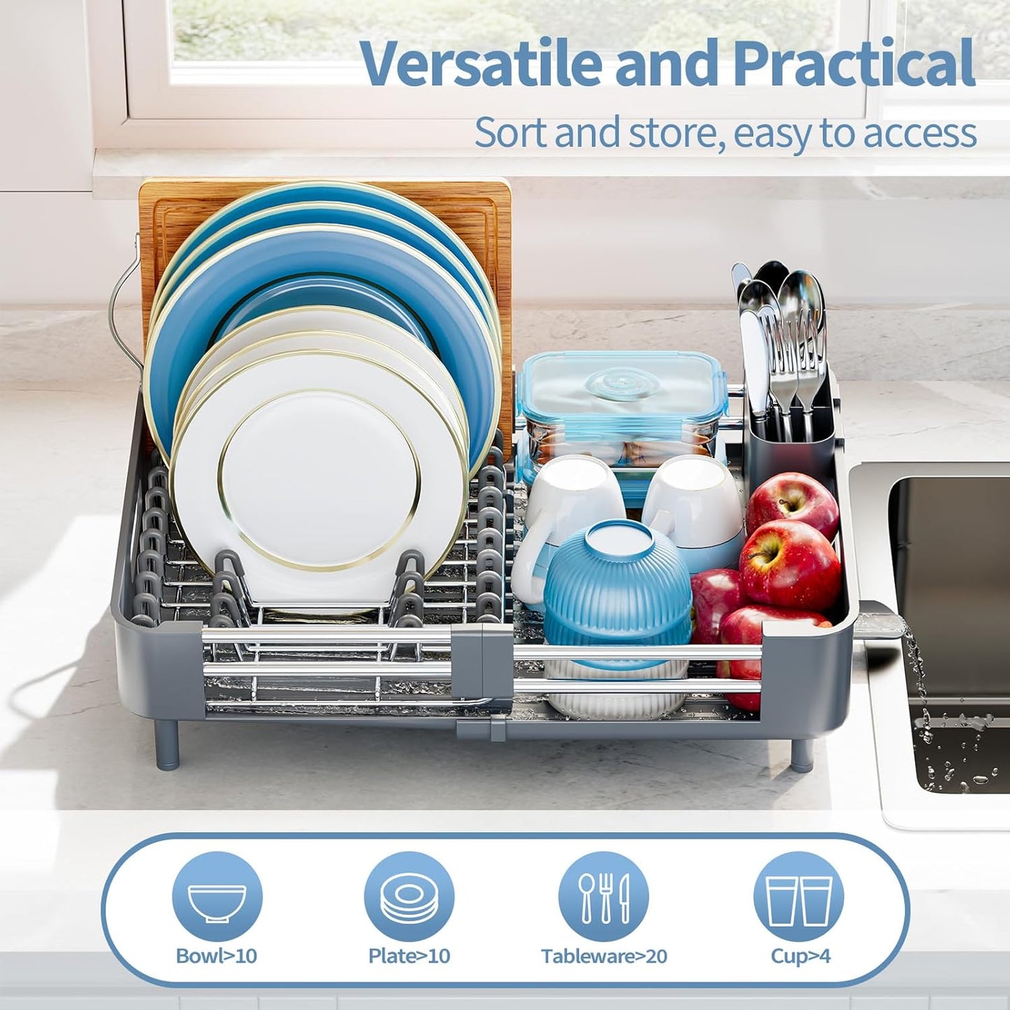 Stainless Steel Dish Drying Rack - Dish Drainer for Kitchen Counter, Extendable Drainboard with Foldable, Space-Saving Cup & Bowl Organizer, Includes Knife and Utensil Holder, Gray