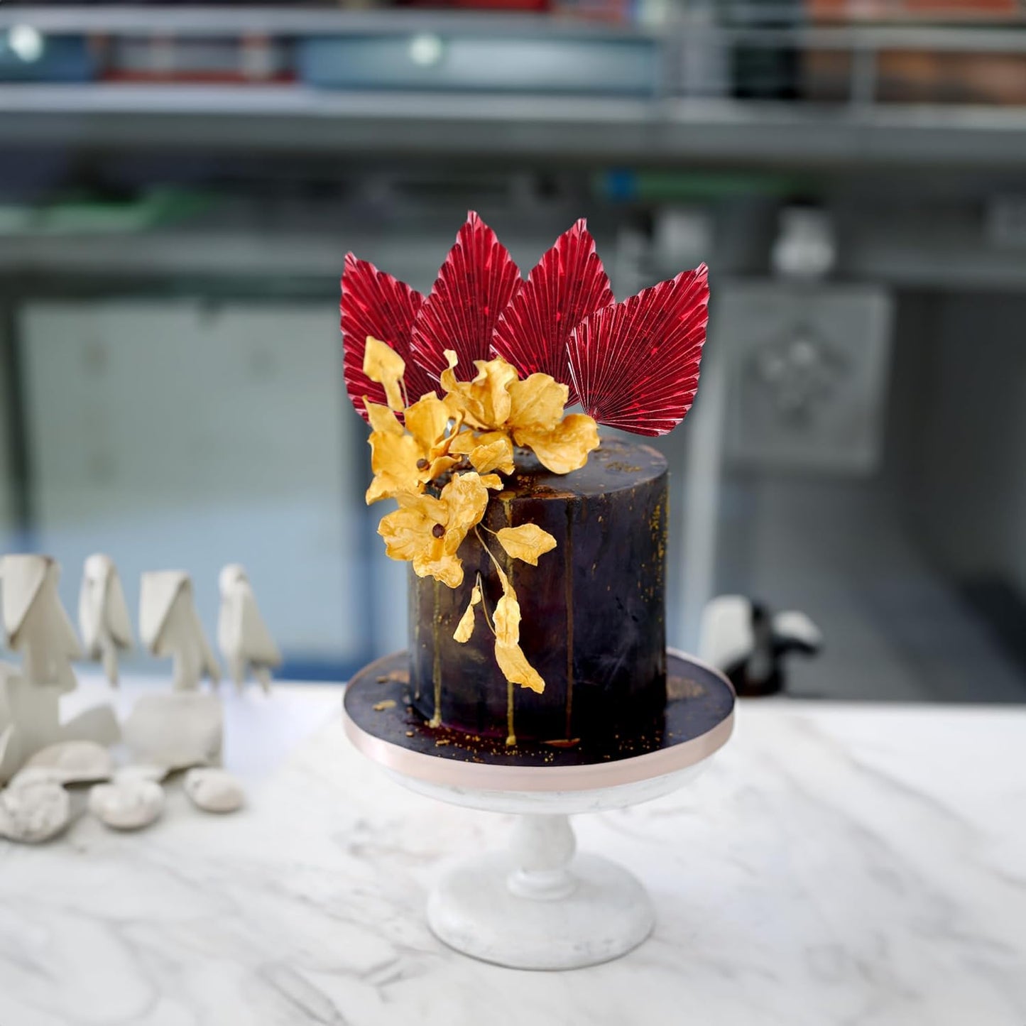 Gyufise 6Pcs Paper Palm Fan Cake Toppers Palm Spear Leaves Fan Cupcake Toppers Cake Insert Decorations Craft DIY Cake Bakeware Decoration for Birthday Party Wedding Party Decor Supplies Light Red