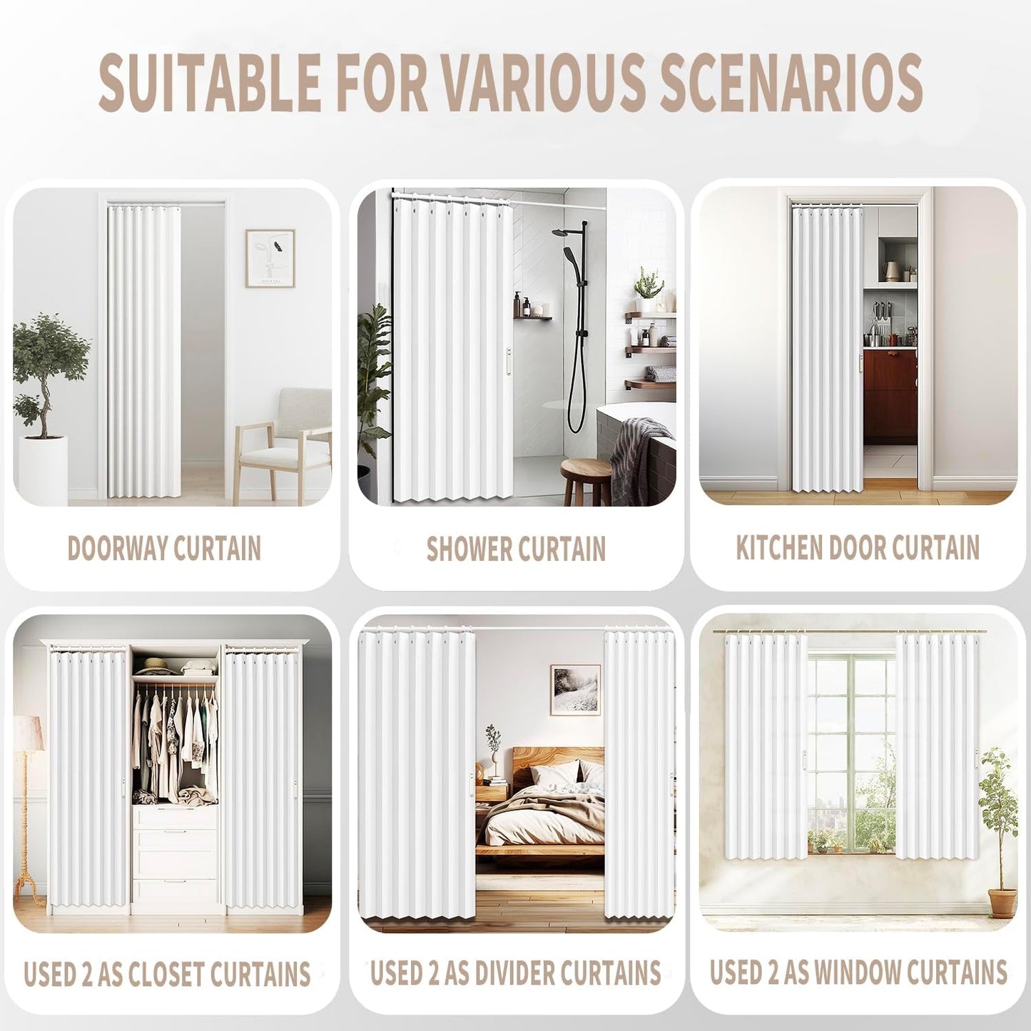 Vatge Door Curtains for Doorway, Folding Door Curtain Interior Closet Curtain for Bedroom, Bathroom, and Laundry Room, Pleated Door Curtains for Doorway,1 Panel with Tieback, W39 x L78, White