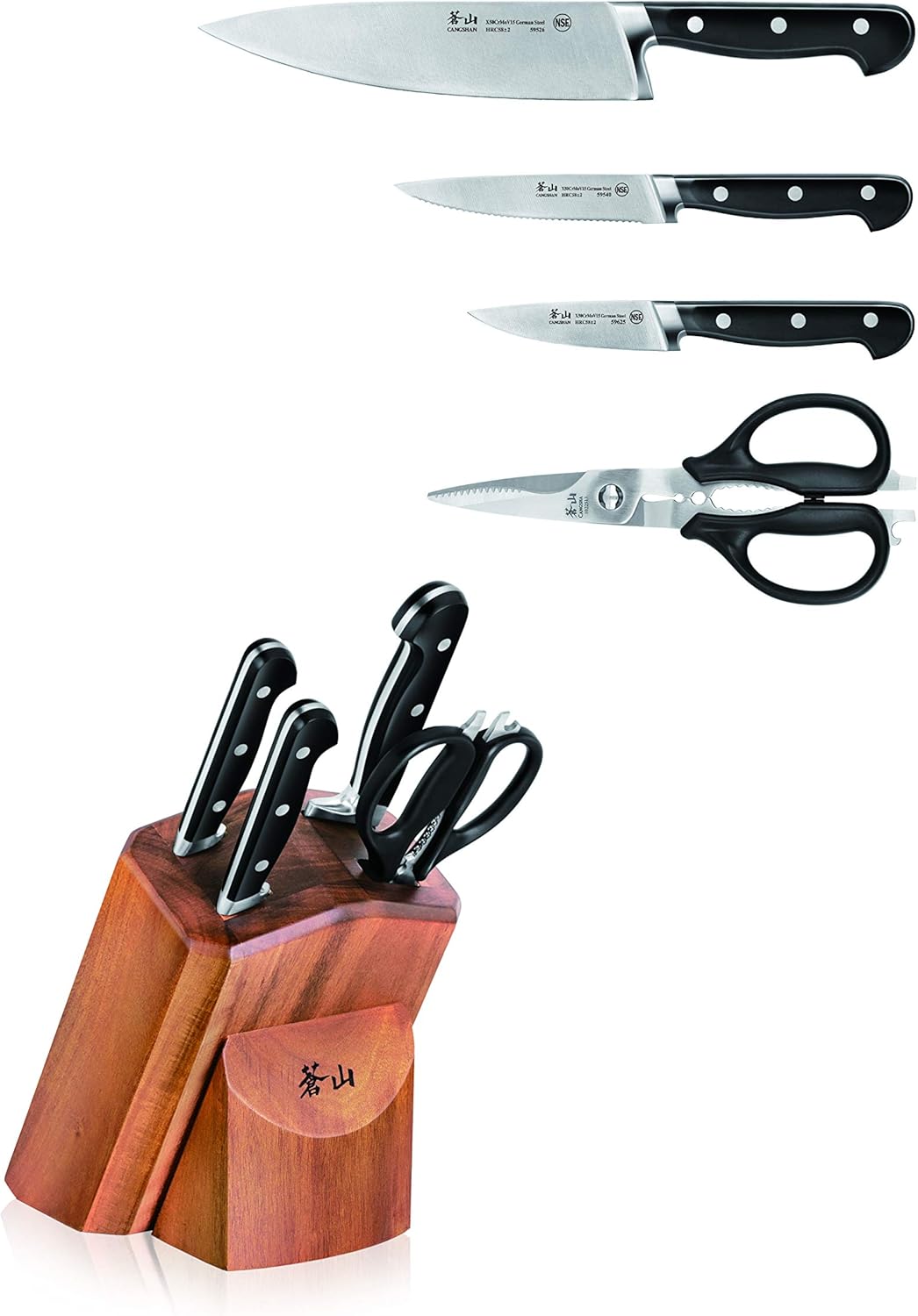 Cangshan V2 Series 1022520 German Steel Forged 5-Piece Starter Knife Block Set, Acacia