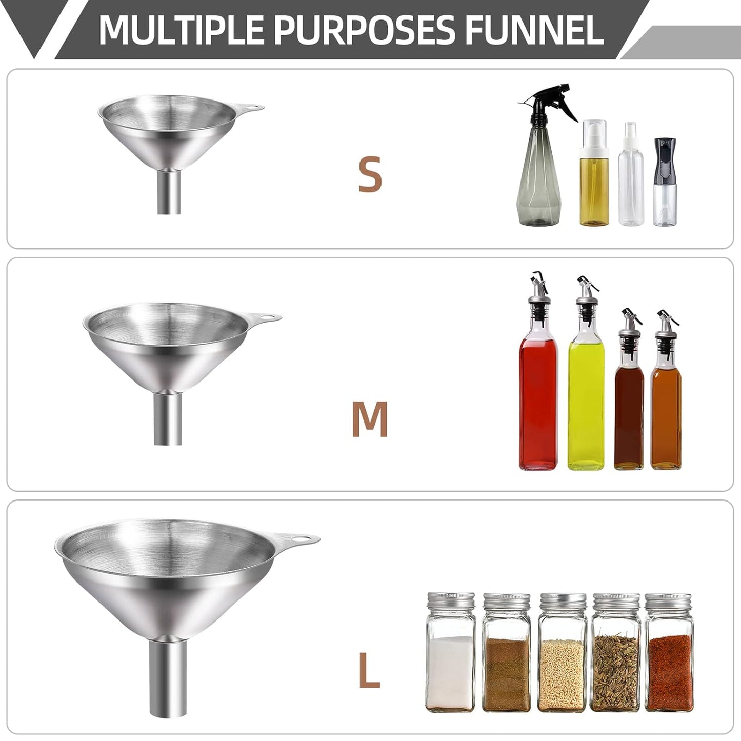 Funnels for Kitchen Use Filling Bottles, Kitchen Funnel Set of 3, Small Funnels for Filling Small Bottles Transferring Essential Oil, Liquid, Spice, Dry Ingredients & Powder, Dishwasher Safe