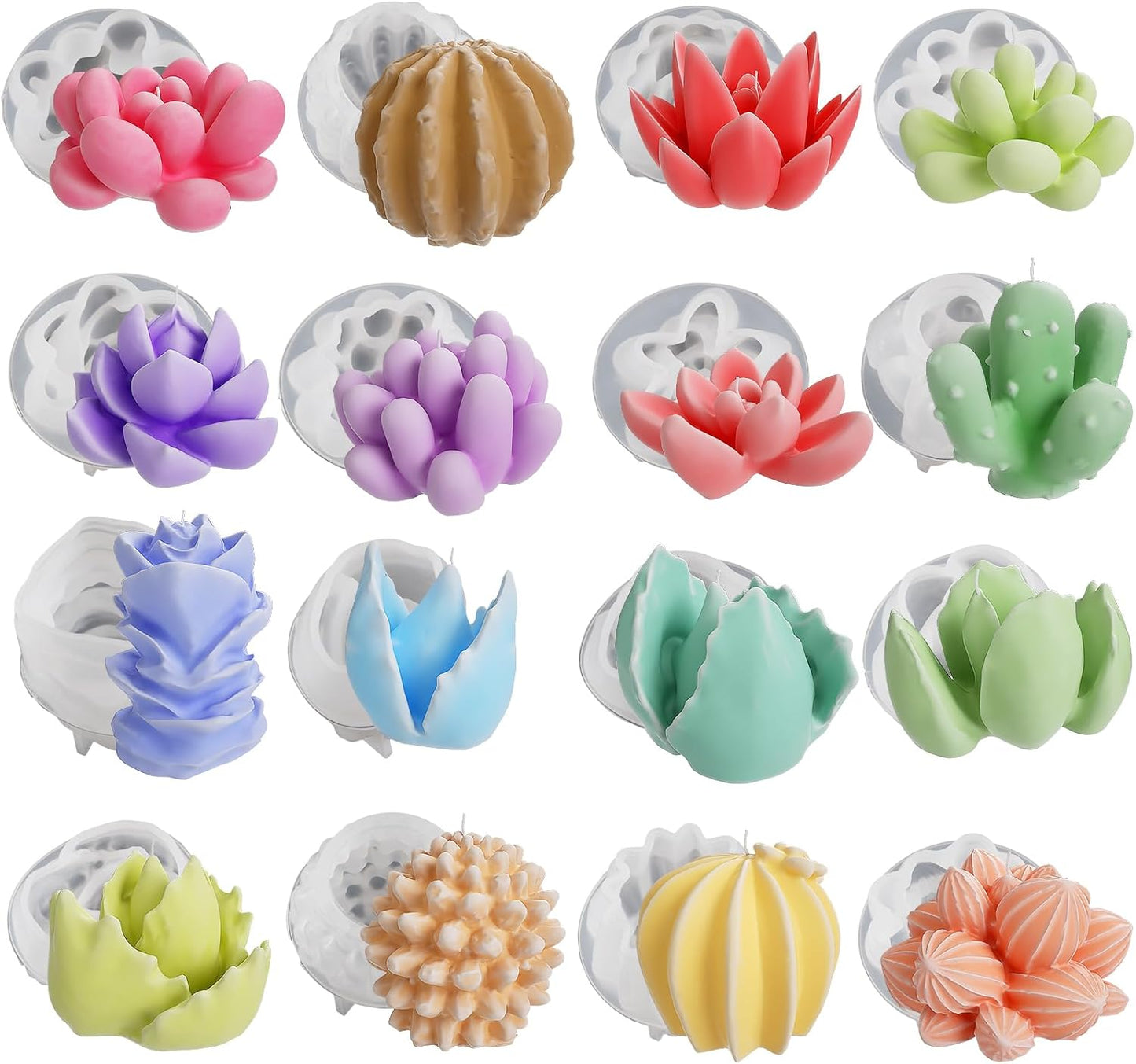Succulent Candle Mold 16 Pcs - Resin Casting Mold for Jewelry, Clay, and Candle Making - 3D Silicone Craft Supplies