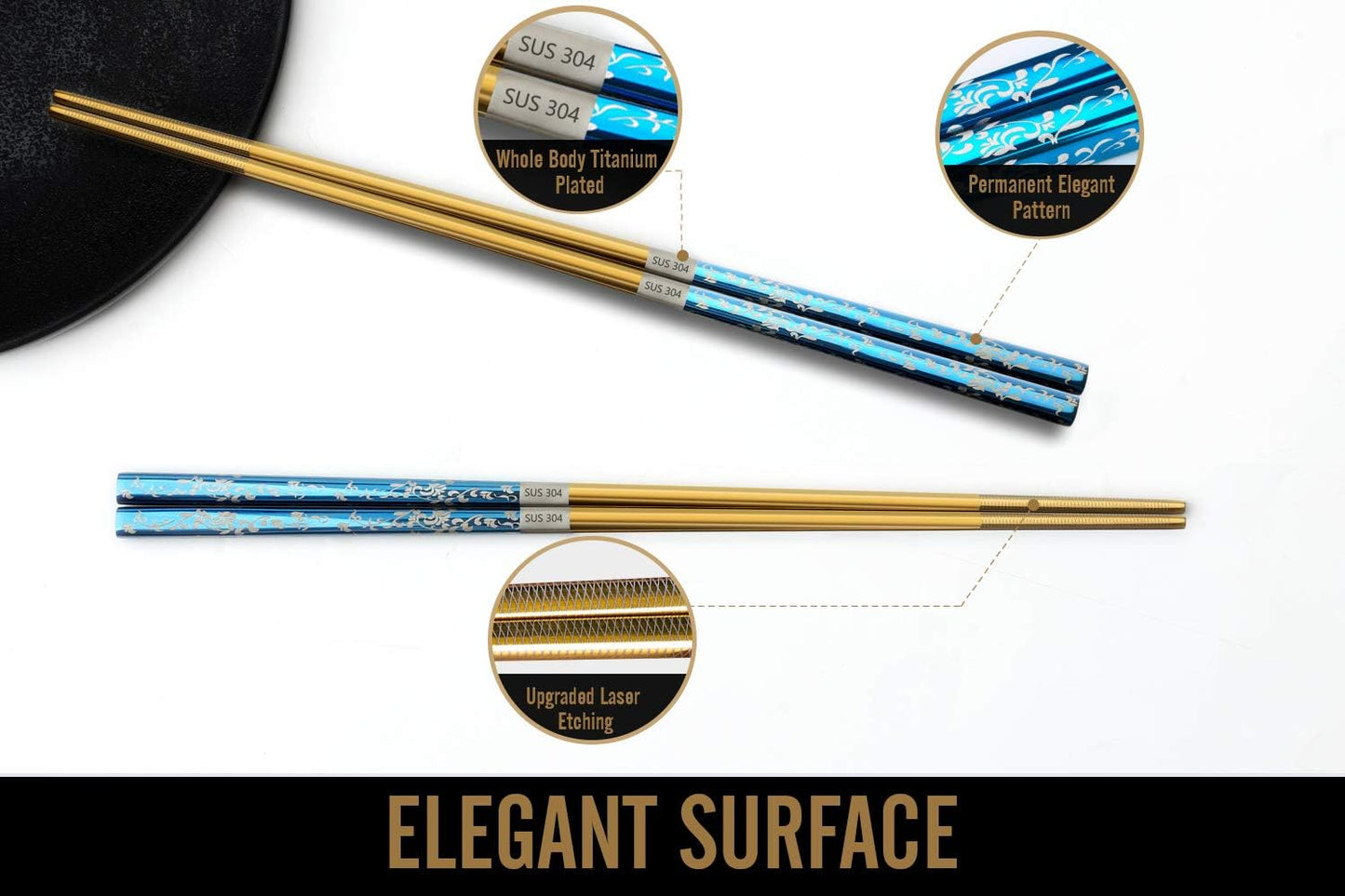 Metal Chopsticks Titanium Plated Stainless Steel Chopsticks Reusable Dishwasher safe Japanese Korean Chopstick lightweight Laser Engraved Anti-slip Chop sticks for Eating 2 Pairs Gift Set Blue Gold
