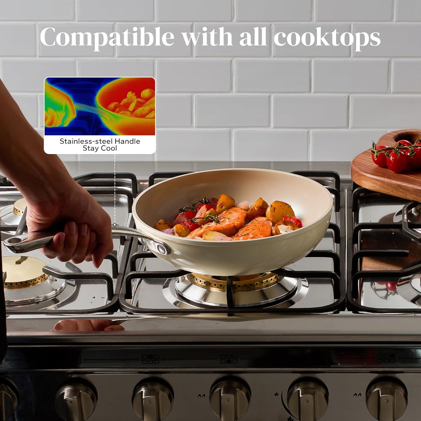 Redchef Ceramic Deep Saute Pan with Lid, Large Jumbo Cooker 3.5QT, 11" Frying Pan Nonstick with Stay Cool Handle, Non Toxic Cooking Skillet, Kitchen, Induction Dishwasher Safe, PFOA & PFAS Free(Beige)