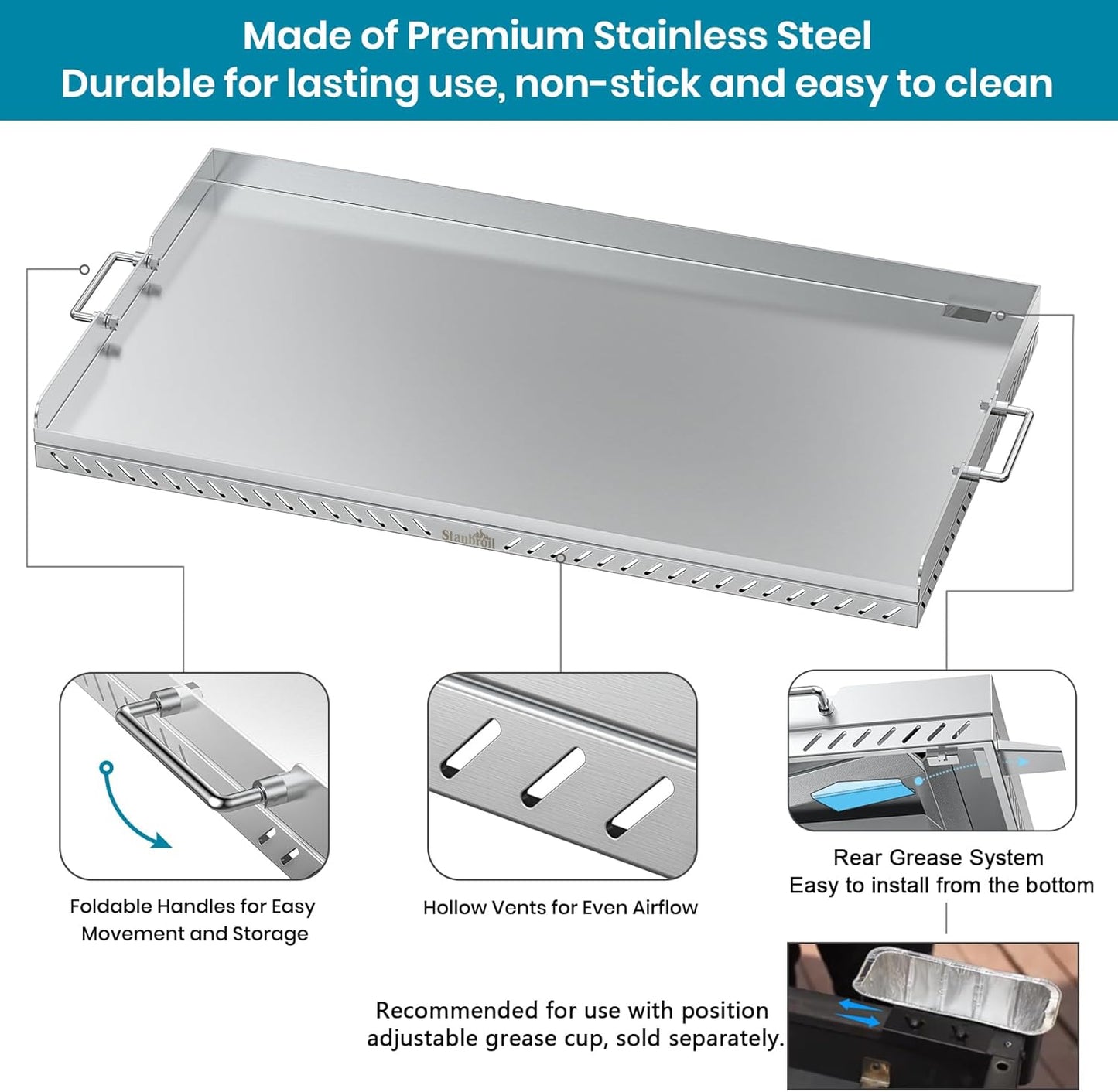 Stanbroil 36 inch Stainless Steel Flat Top Gas Grill Griddle Replacement for Blackstone 4 Burner Gas Grill Cooking Station, Flat Top Griddle with New Rear Grease Management System