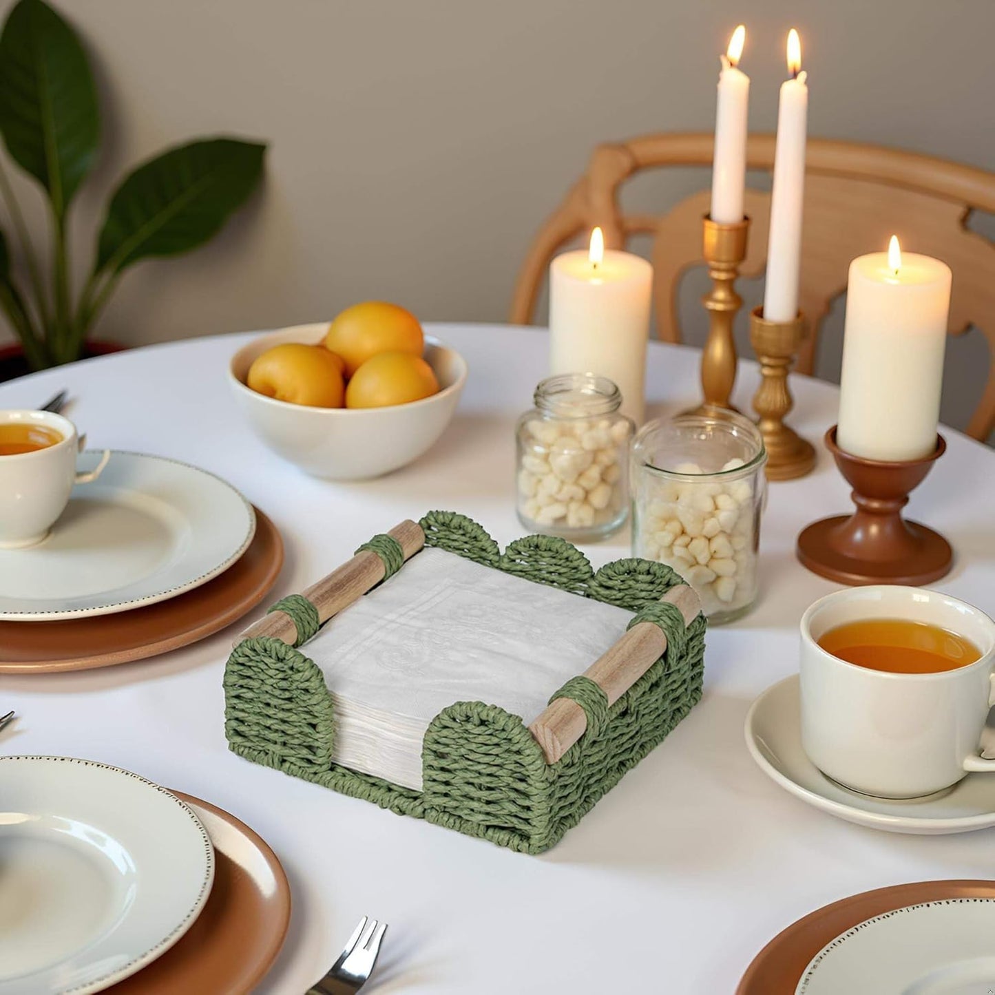 CubesLand Scalloped Napkin Holder for Table, Farmhouse Warming Home Kitchen Decor, Paper Rope Flat Napkin Dispenser Guest Towel Tray for Bathroom, Disposable Napkin Basket for Dining Table, Green