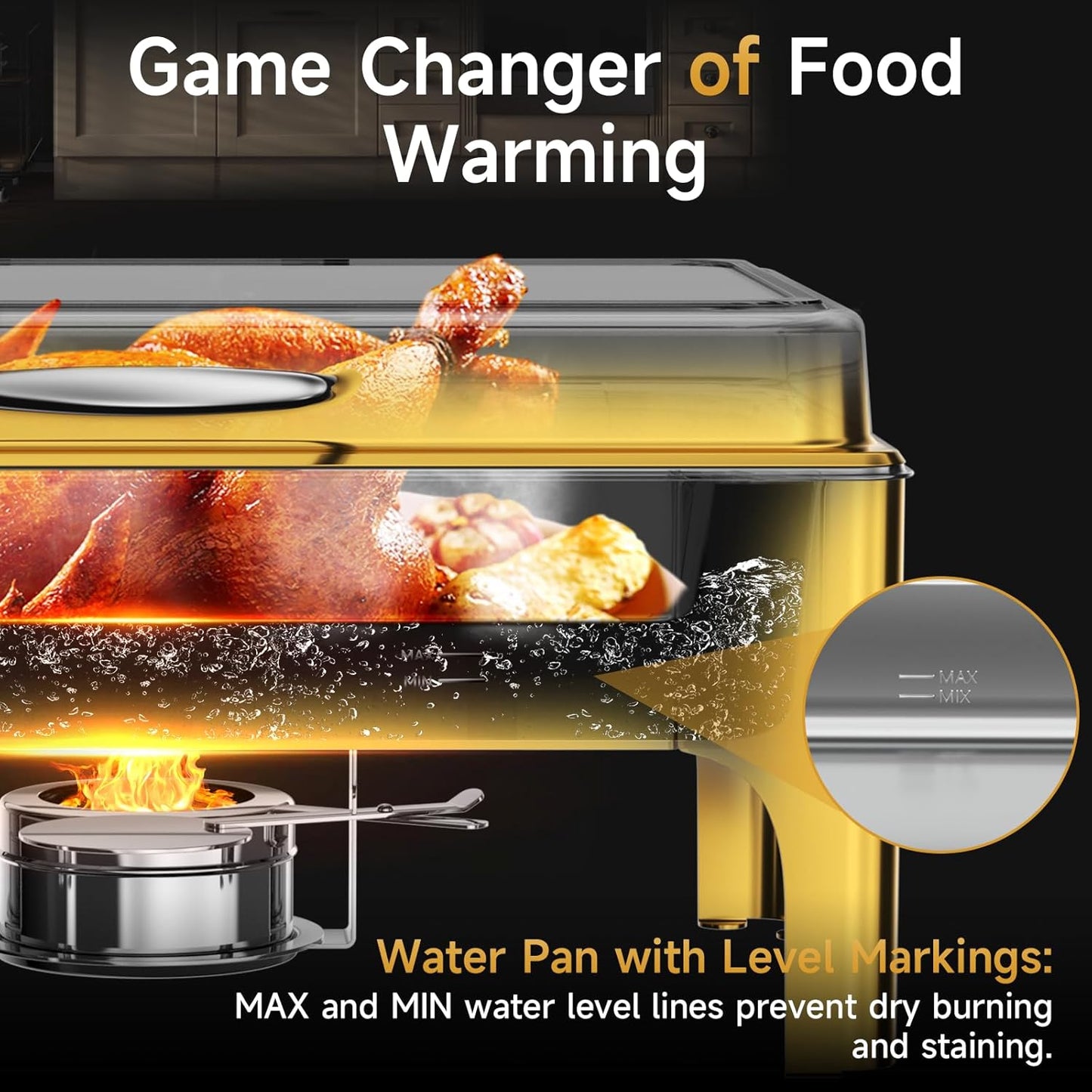 Chafing Dishes for Buffet, 9.5QT Square Stainless Steel Chafing Dish with Transparent Hydraulic Lid, 304 Food Pan, Buffet Warmer for Parties and Events (Golden)