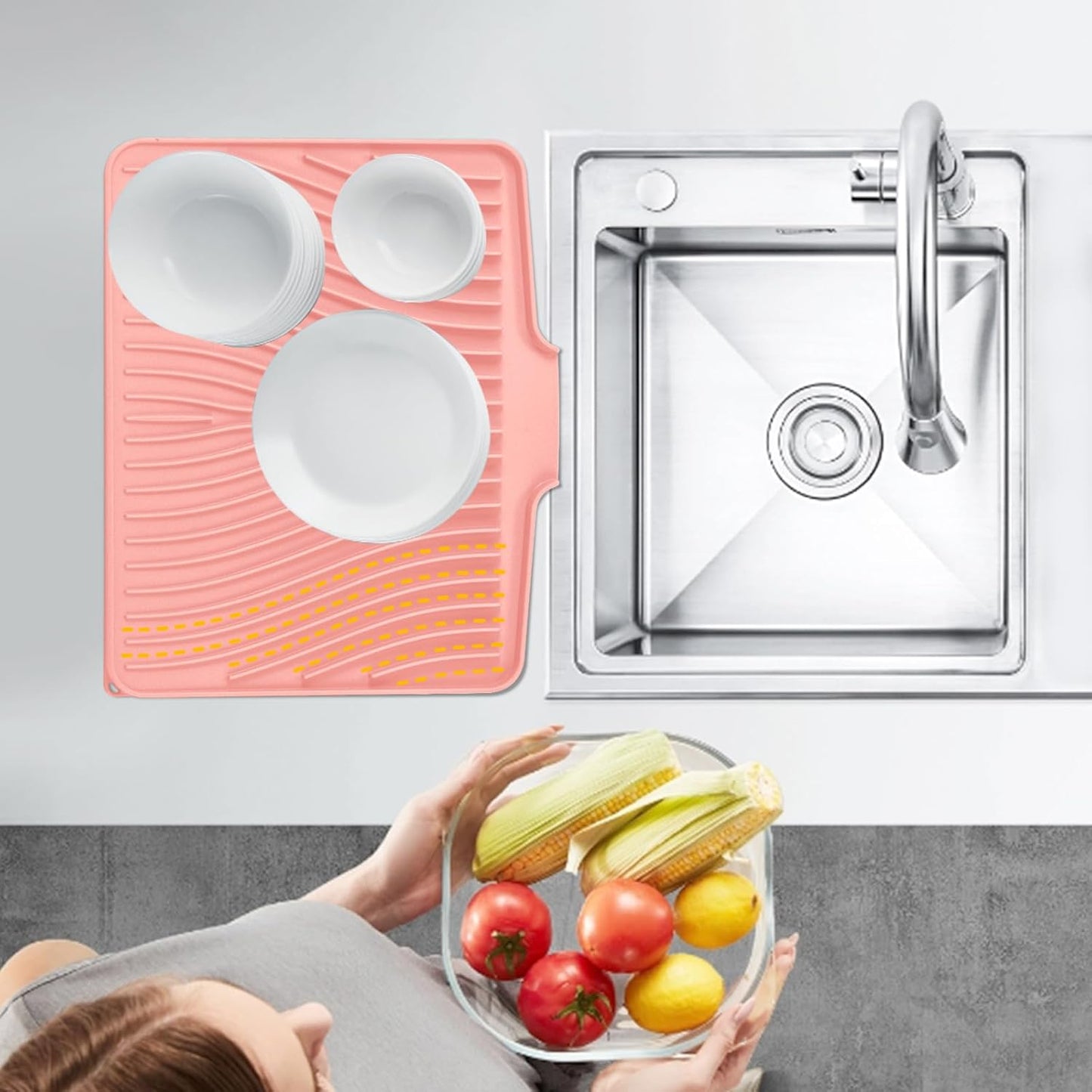 Silicone Dish Drying Mat for Kitchen Counter, Dish Drying Pad, Non-Slip Drain Pad with Built-in Drain, Heat Resistant Stone Drying Mat(15.8" x 13", Pink)