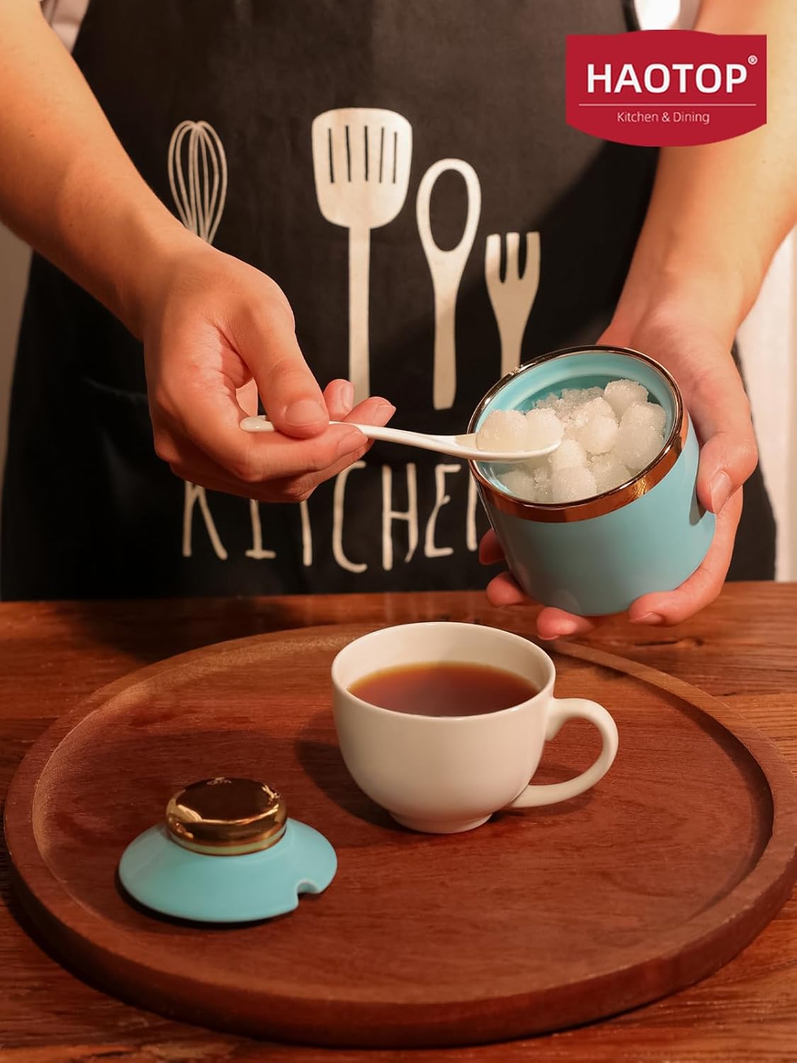 HAOTOP 8 oz Sugar Bowl with Lid and Spoon, Simple Ceramic Sugar Jar Sugar Dispenser Sugar Container Coffee Bar Accessories, Modern Kitchen Countertop Canisters, Turquoise