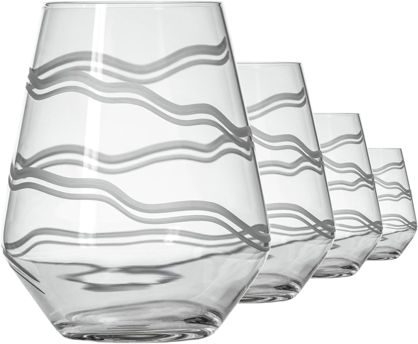 Rolf Glass Good Vibrations Stemless Wine Glass | Set of 4 Large 18oz Glasses | Lead-Free Crystal Glass | Diamond-Wheel Engraved | Proudly Made in the USA | Etched Spiral Design