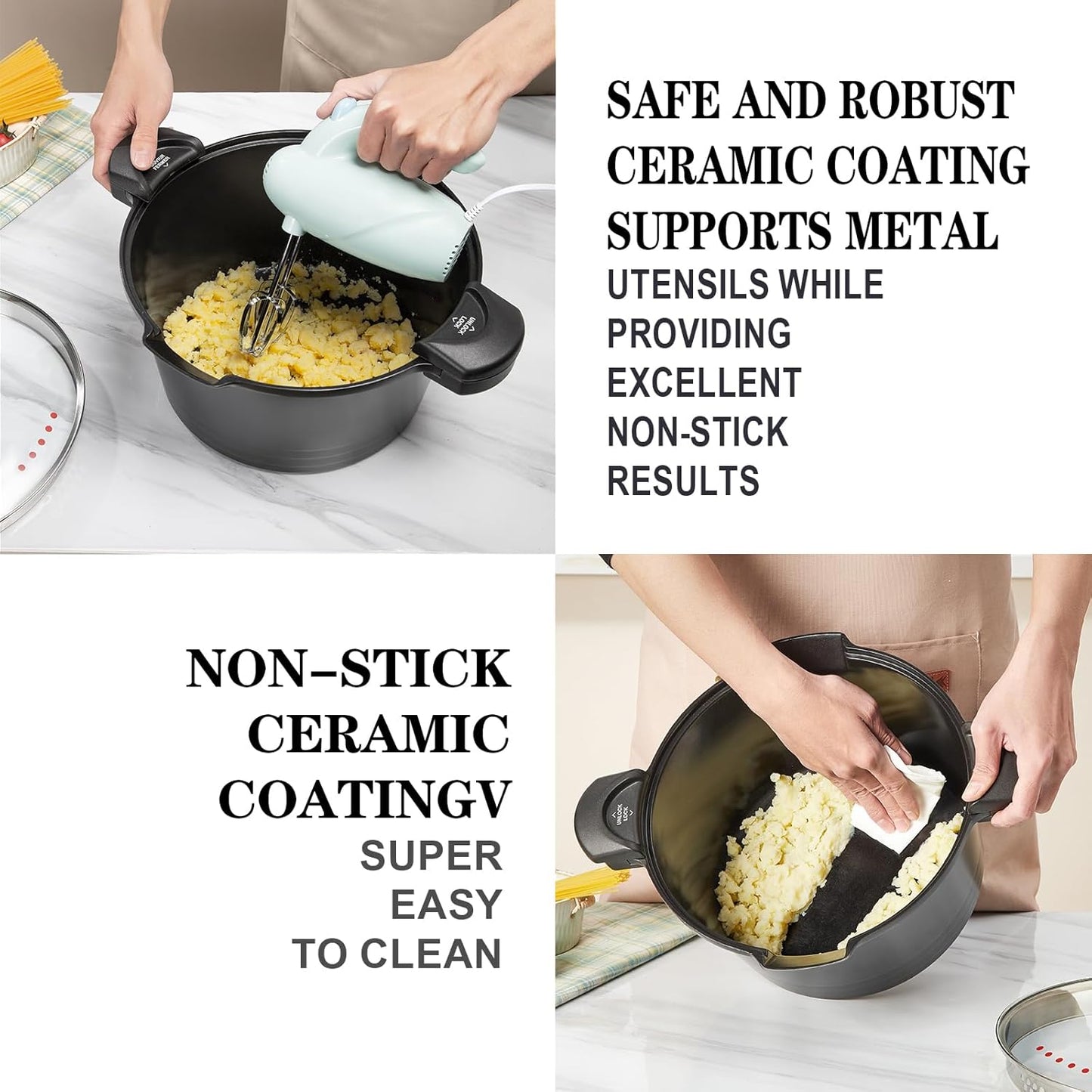 ACTIV CUISINE 5qt Pasta Pot with Strainer Lid, Cast Aluminum Stockpot Multipot, Nonstick Ceramic Coating make Cleanup easy with Tempered Glass Lid, Dishwasher Safe, Induction, Black