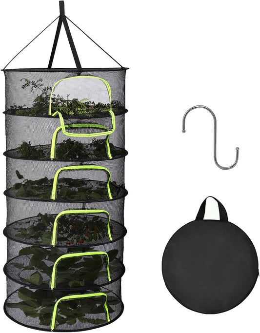 LUKETURE 6-Layer Hanging Herb Dryer Rack - with U-Zipper Mesh Net & Hook, Foldable Collapsible Drying Rack for Plants, Herbs, Flowers, Fish, Jerky, Laundry