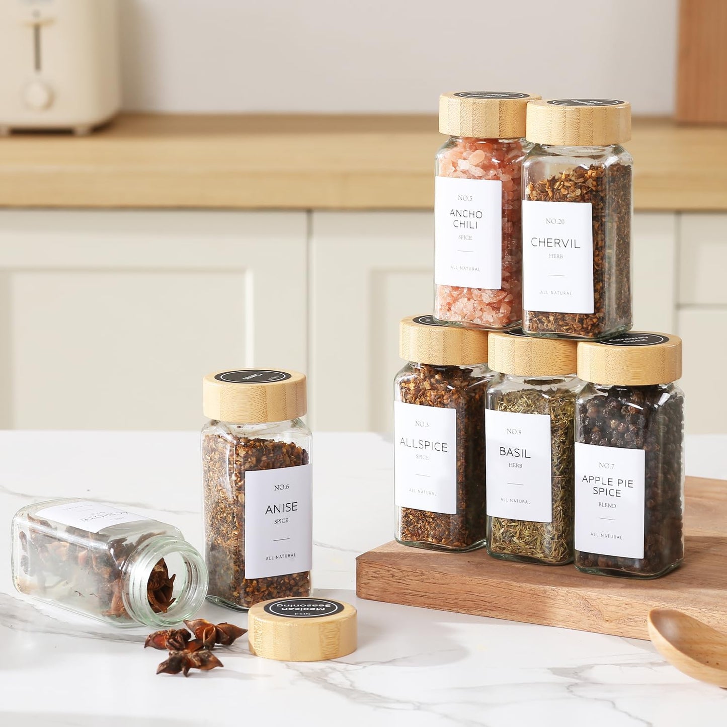 4 oz Glass Spice Jars with Bamboo Lids, Clear Empty Jars with Labels Stickers, Collapsible Funnel, Seasoning Storage Bottles for Spice Racks (36 Pack)