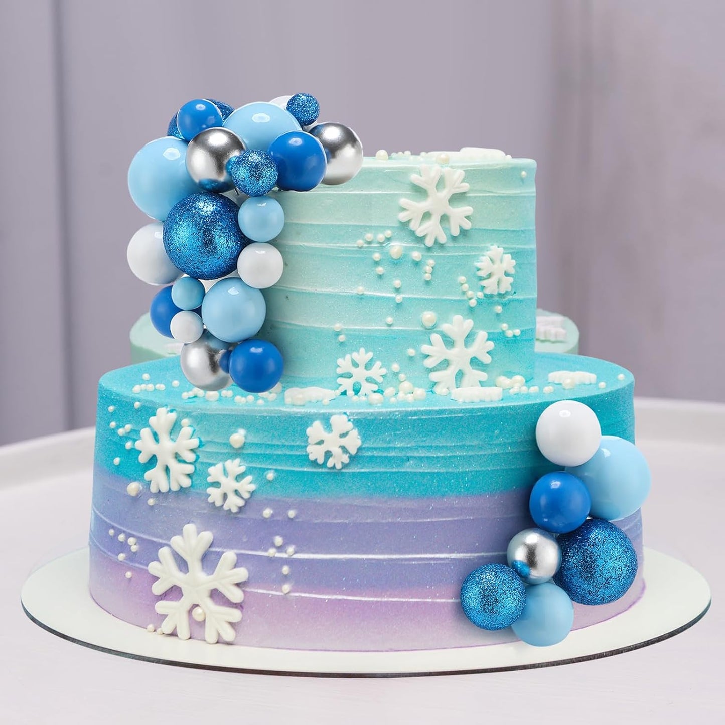 Tondiamo 108 Pcs Balls Cake Topper DIY Cupcake Insert Foam Balloons for Cake Baking Wedding Anniversary Birthday Decoration (Blue White Silver,Multi Sizes)