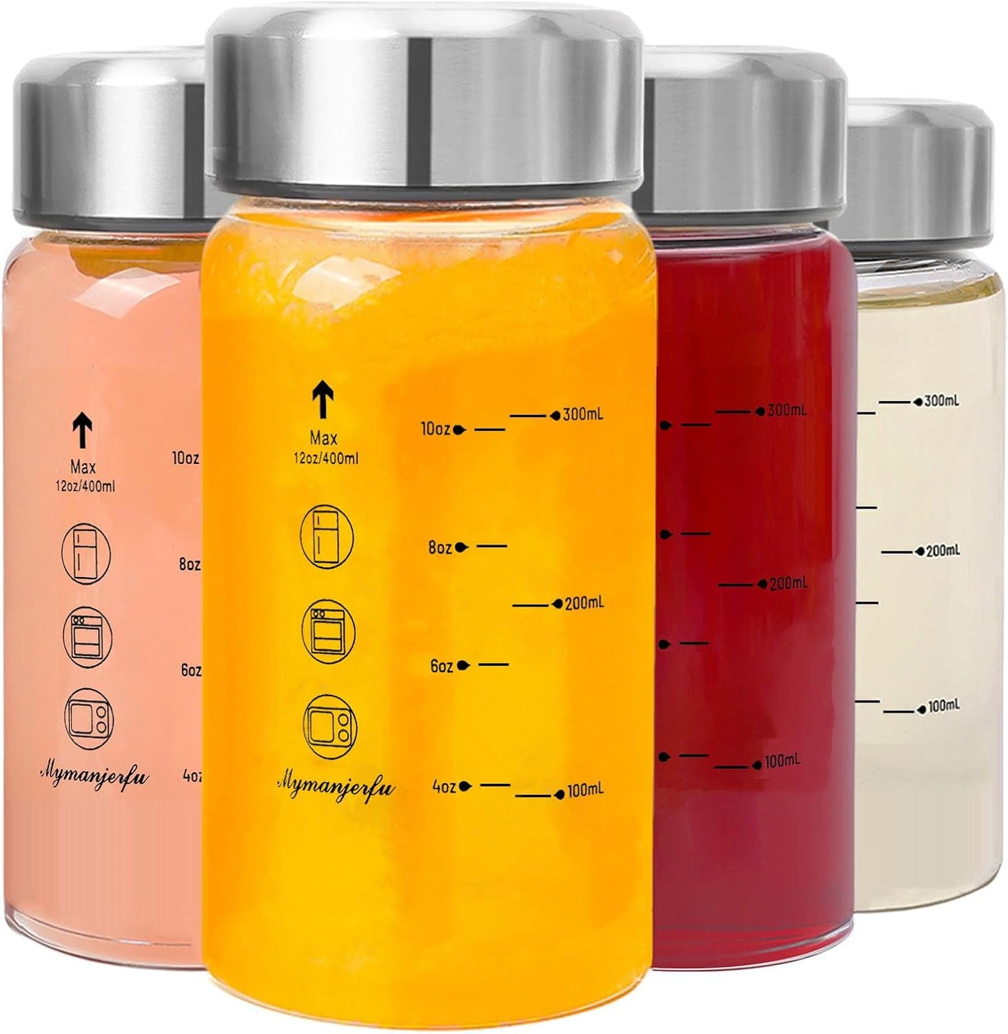 Glass Juice Bottles 4 Pack 12 oz - Wide Mouth Glass Water Bottles with Lids - for Juicing, Smoothies, Milk, Protein, BPA Free, Reusable, Stainless Steel Lids, Leak Proof, Shaker bottle [12oz/400ml]